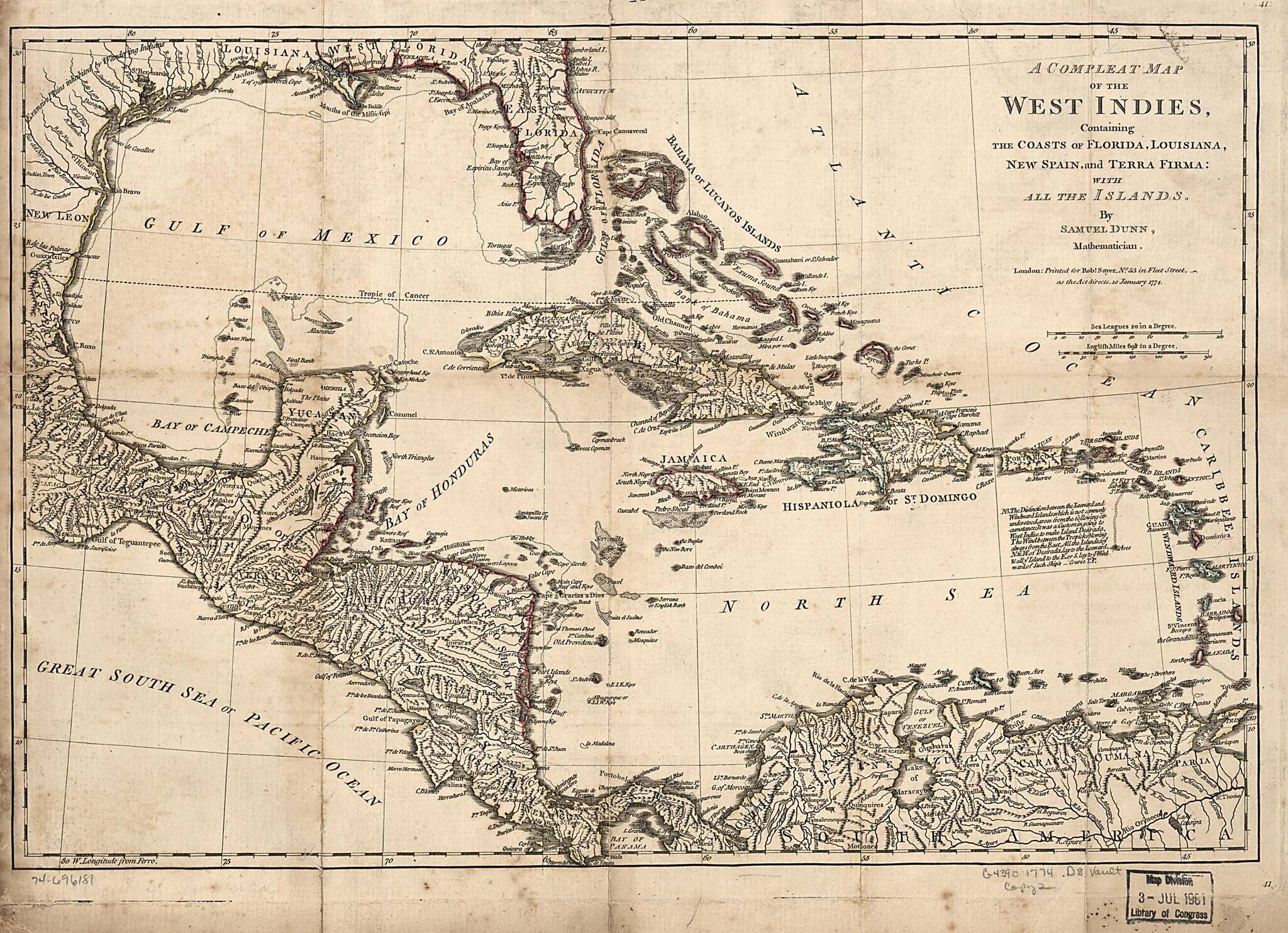 This old map of A Compleat Map of the West Indies Containing the Coasts of Florida, Louisiana, New Spain, and Terra Firma: With All the Islands from 1774 was created by Samuel Dunn, Robert Sayer in 1774