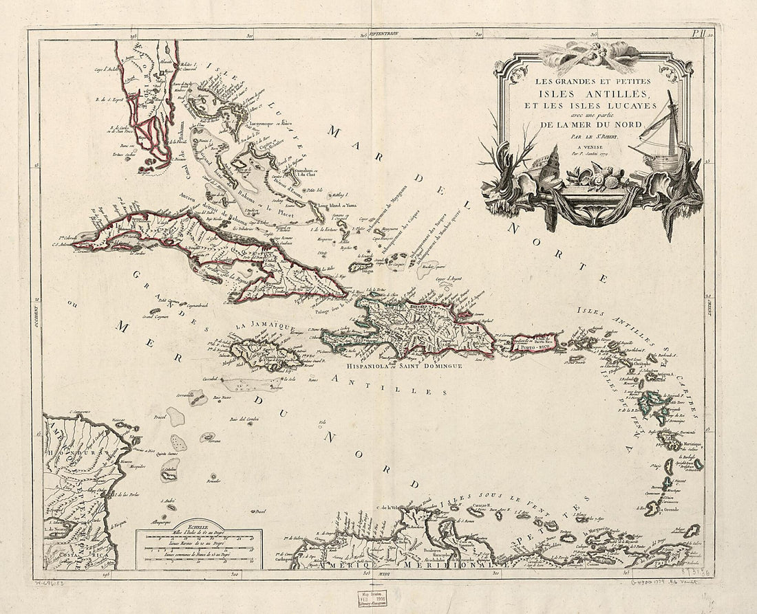 This old map of Les Grandes Et Petites Isles Antilles, Et Les Iles Lucayes Avec Une Partie De La Mer Du Nord from 1779 was created by Gilles Robert De Vaugondy, P. Santini in 1779