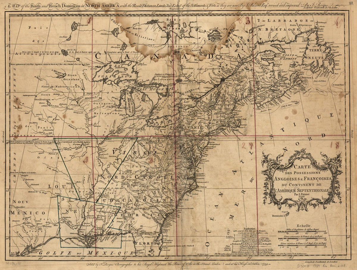 A Map of the British and French Dominions In North America With the Roads, Distances, Limits, and Extent of the Settlements, &amp; Forts, As They Are Now 1759 by Relic Map Company