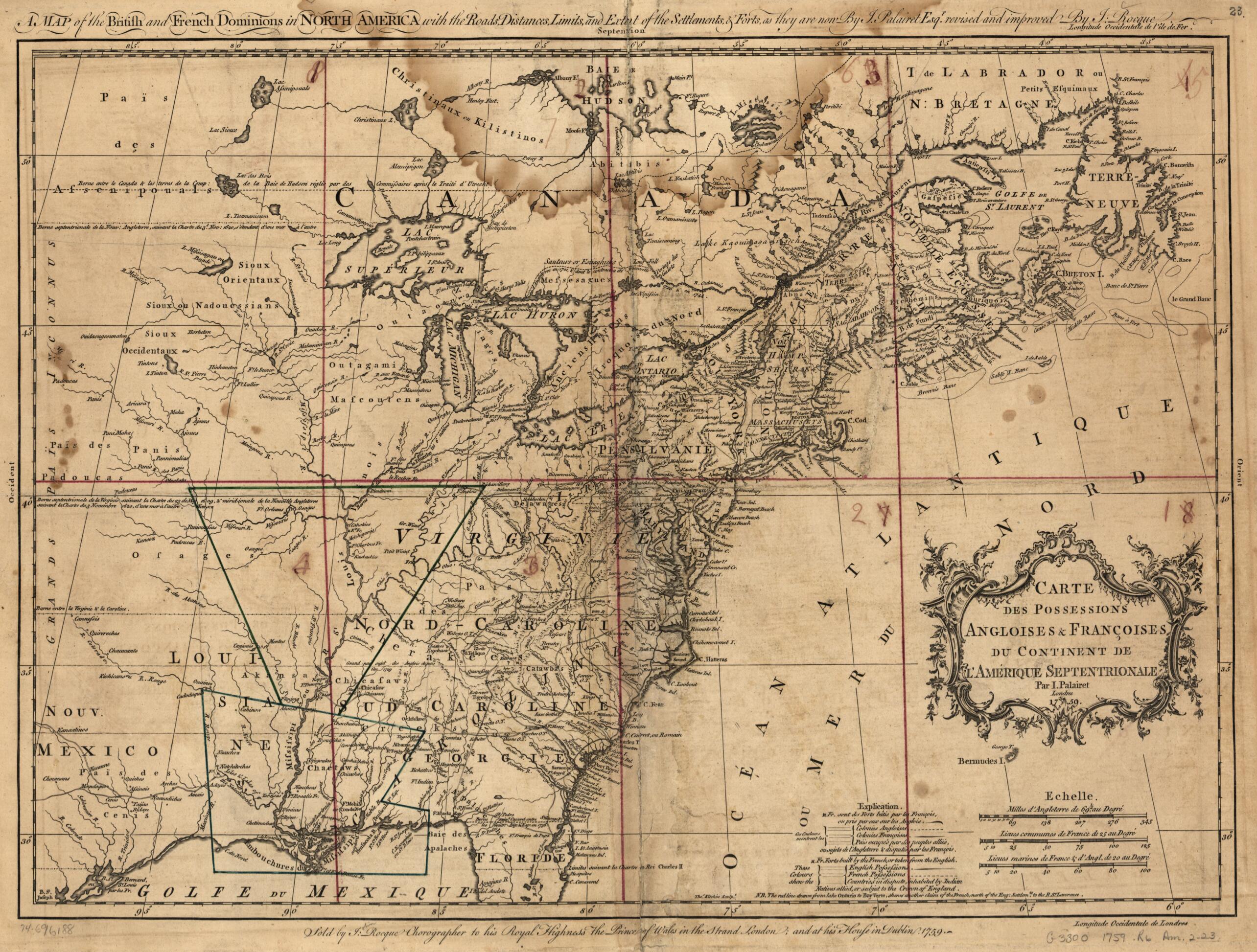 This old map of A Map of the British and French Dominions In North America With the Roads, Distances, Limits, and Extent of the Settlements, &amp; Forts, As They Are Now from 1759 was created by Thomas Kitchin, Jean Palairet, John Rocque in 1759