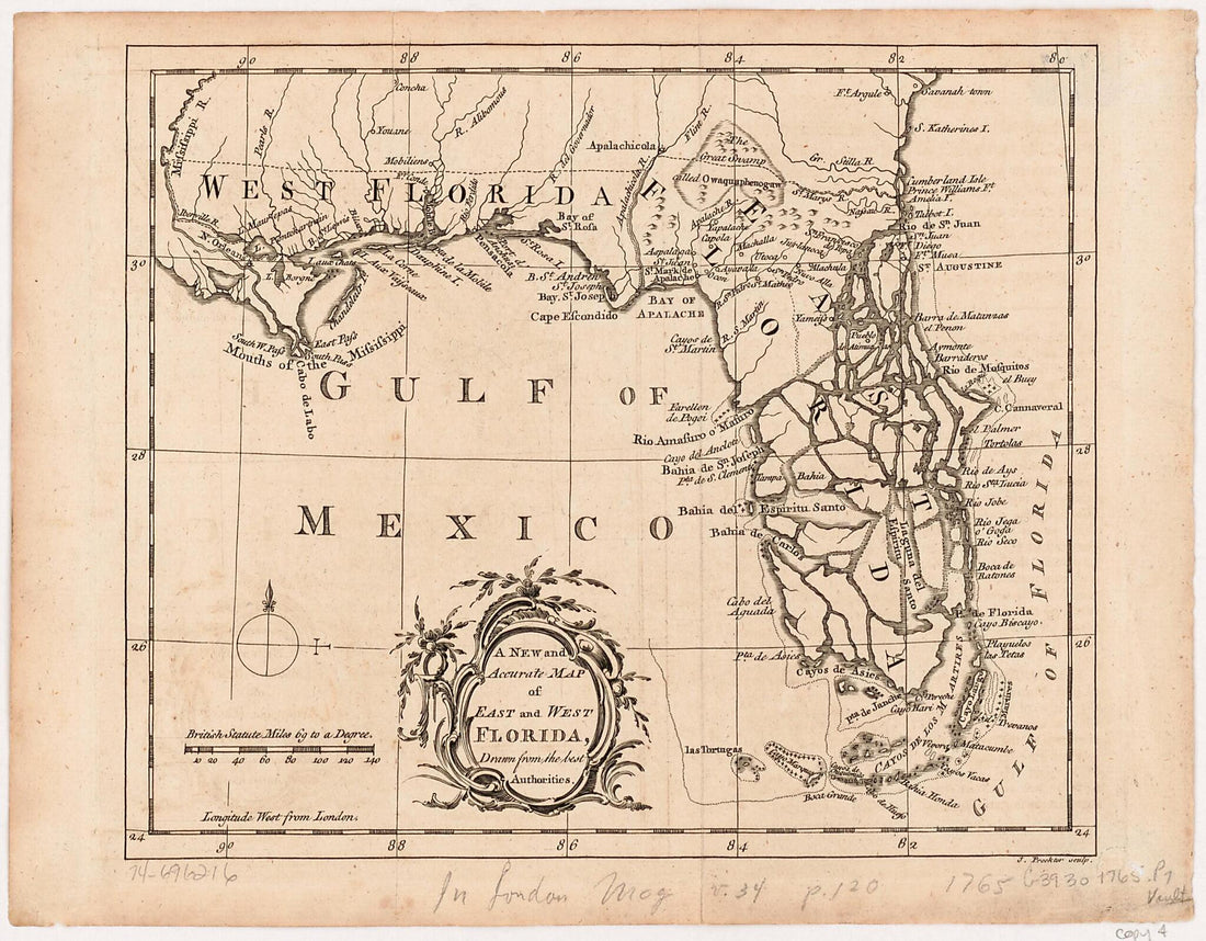 This old map of A New and Accurate Map of East and West Florida from 1765 was created by J. Prockter in 1765