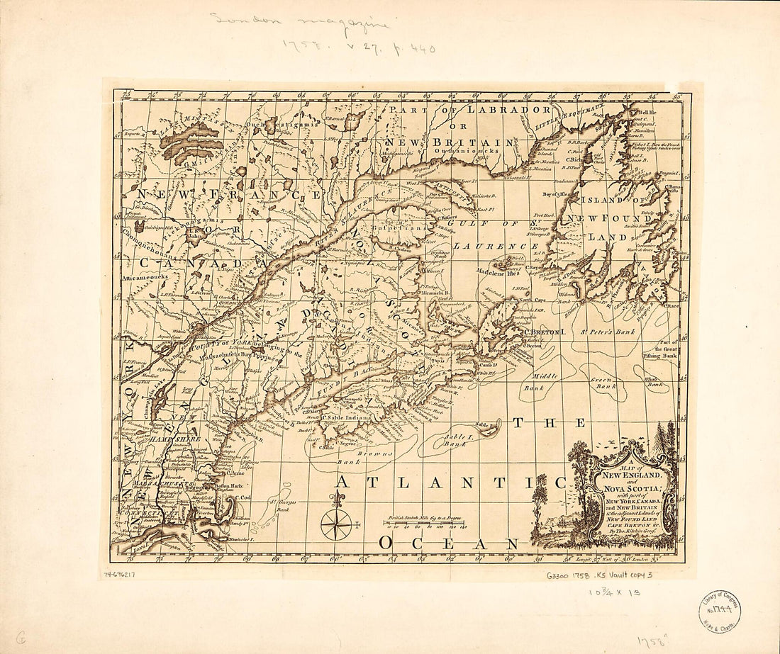 This old map of A Map of New England, and Nova Scotia; With Part of New York, Canada, and New Britain &amp; the Adjacent Islands of New Found Land, Cape Breton &amp;c from 1758 was created by Thomas Kitchin in 1758