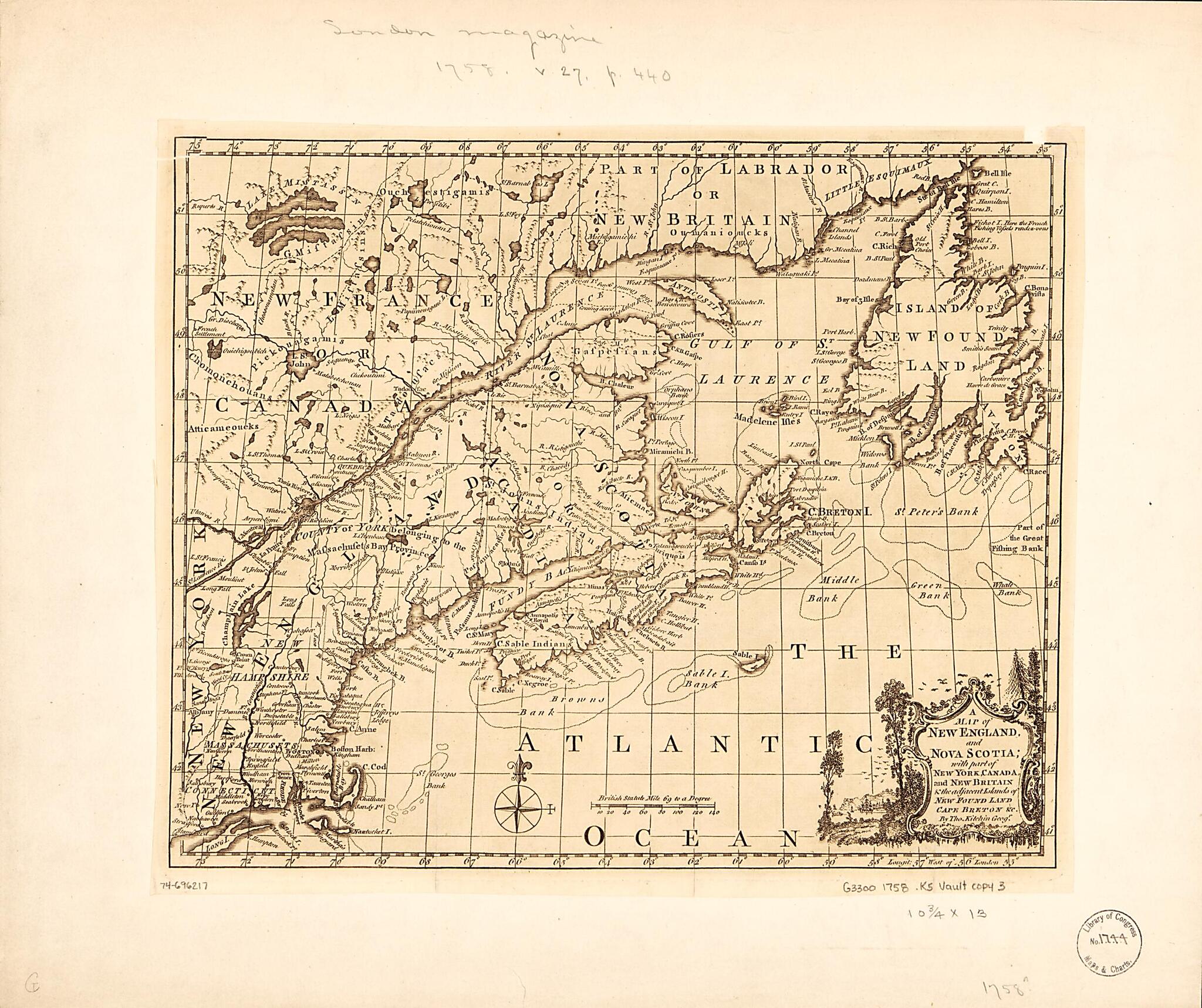 This old map of A Map of New England, and Nova Scotia; With Part of New York, Canada, and New Britain &amp; the Adjacent Islands of New Found Land, Cape Breton &amp;c from 1758 was created by Thomas Kitchin in 1758