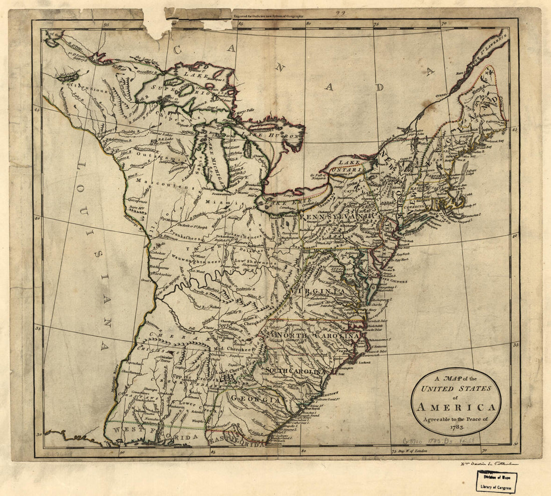 This old map of A Map of the United States of America Agreeable to the Peace of from 1783 was created by William Darton, William Guthrie in 1783