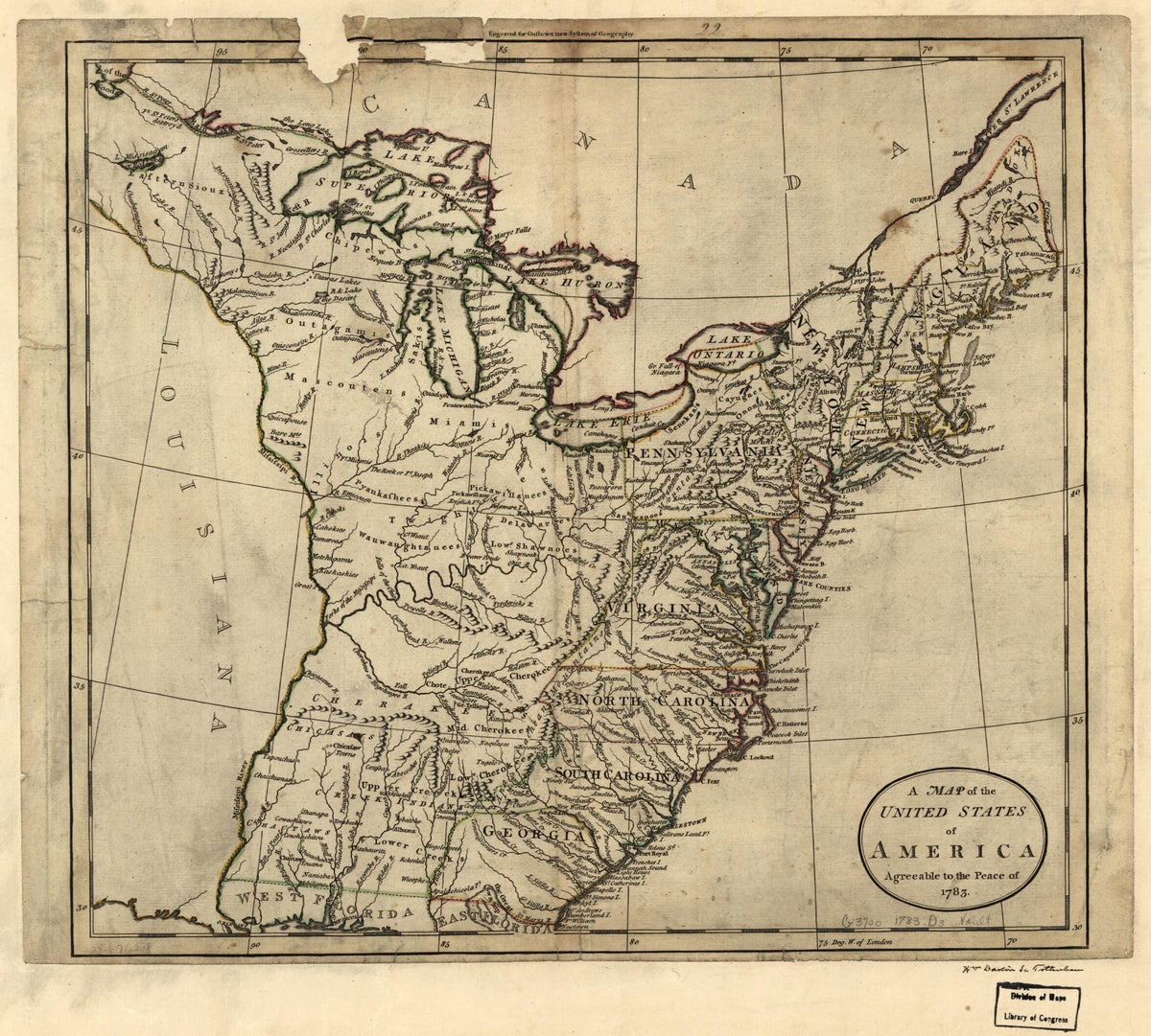 A Map of the United States of America Agreeable to the Peace of 1783 by Relic Map Company