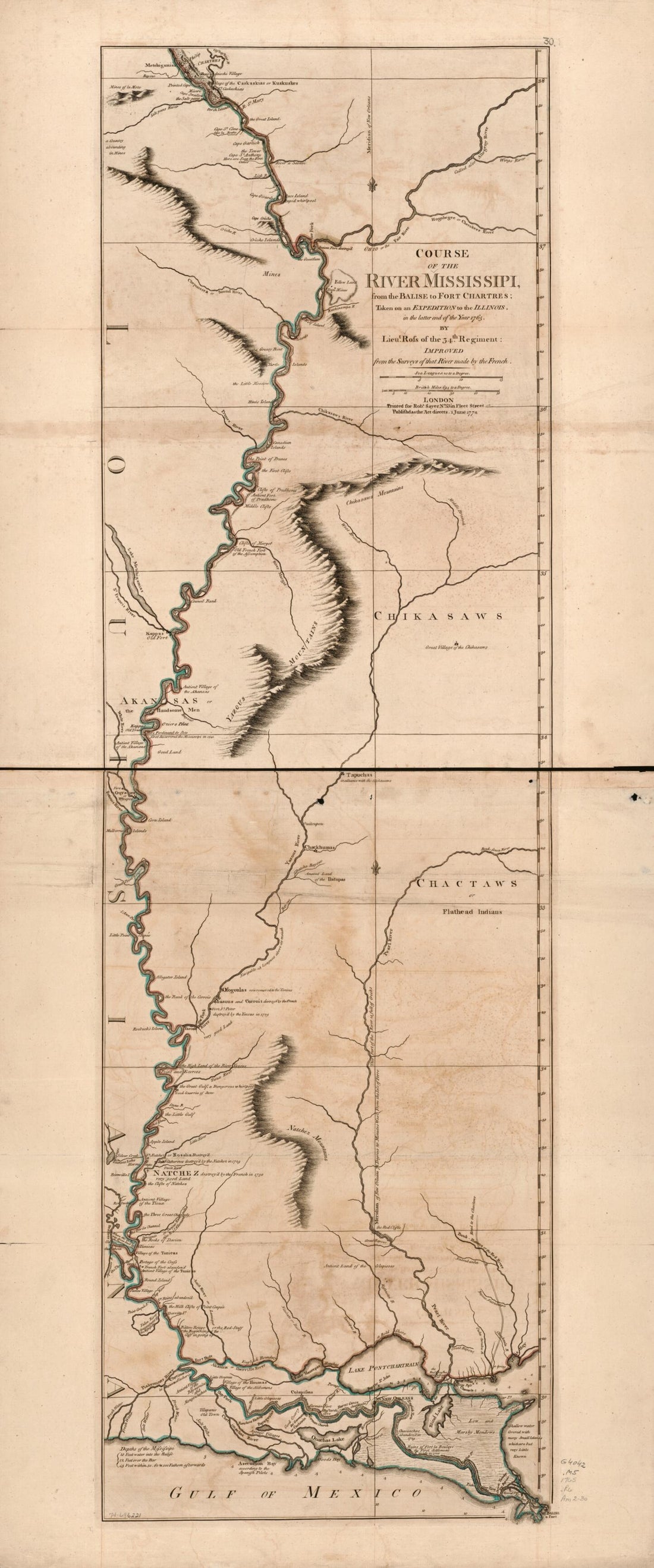 This old map of Course of the River Mississippi, from the Balise to Fort Chartres; Taken On an Expedition to the Illinois, In the Latter End of the Year from 1765 was created by  Ross, Robert Sayer in 1765