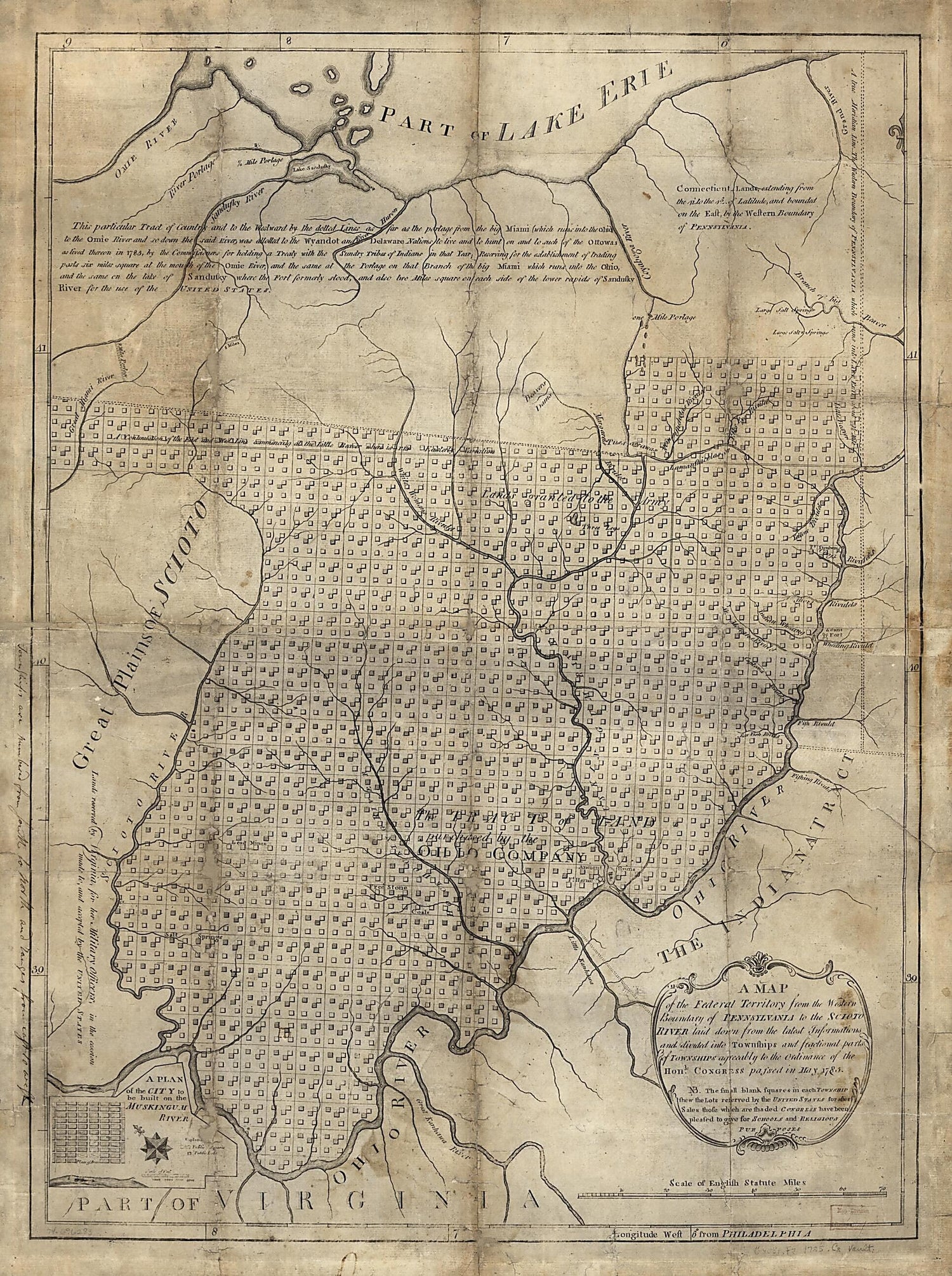 This old map of A Map of the Federal Territory from the Western Boundary of Pennsylvania to the Scioto River from 1785 was created by Manasseh Cutler in 1785