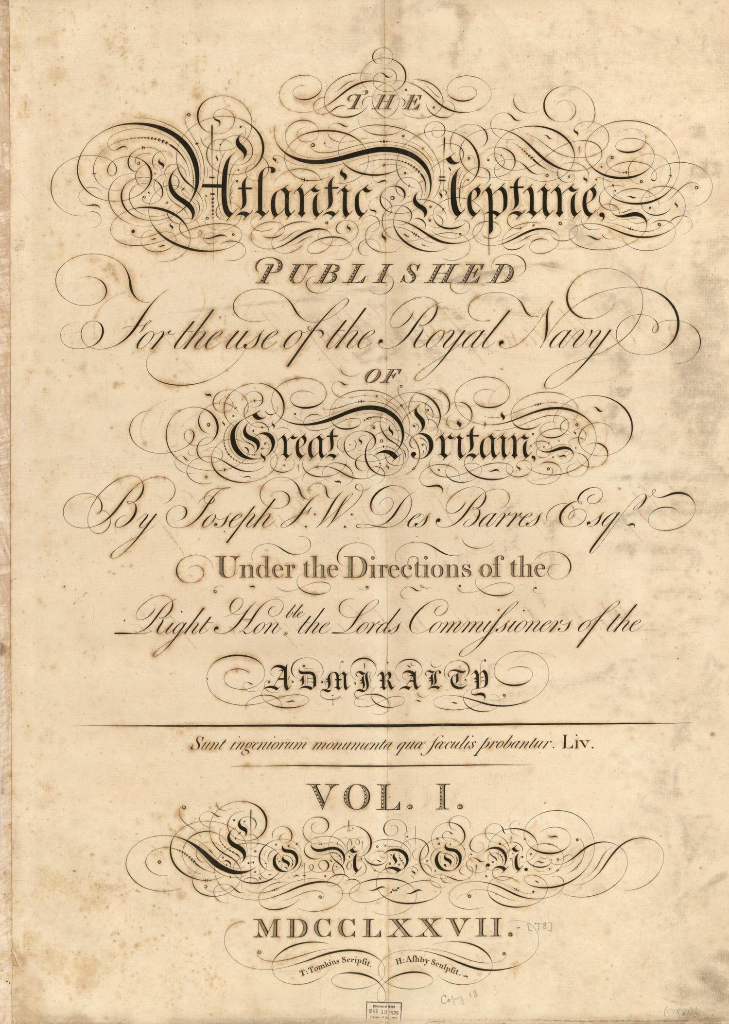 This old map of The Atlantic Neptune, Published for the Use of the Royal Navy of Great Britain from 1778 was created by Joseph F. W. (Joseph Frederick Wallet) Des Barres in 1778