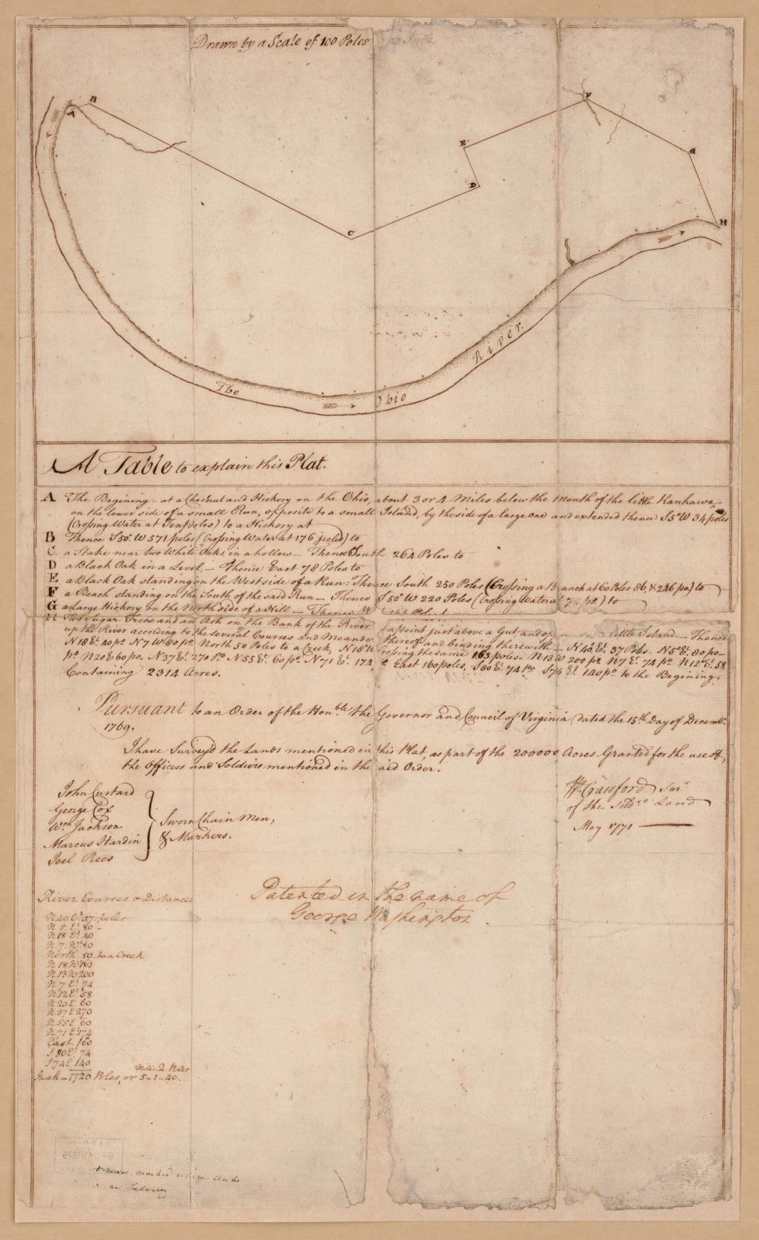 This old map of Plat of a Survey of 2,314 Acres of Land, Being the First Large Bottom On the East Side of the Ohio River, 3 Or 4 Miles Below the Mouth, a Portion of Which Is Divided Into 17 Lots from 1771 was created by William Crawford, George Washingto