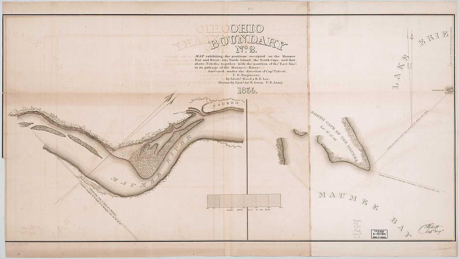 This old map of Ohio Boundary, No. 2. Map Exhibiting the Positions Occupied On the Maumee Bay and River; Viz: Turtle Island, the North Cape, and That Above Toledo; Together With the Position of the East Line, In Its Passage of the Maumee River from 1835 