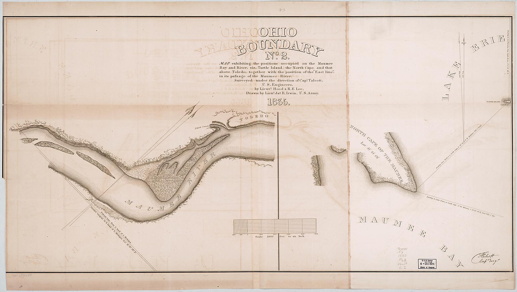 This old map of Ohio Boundary, No. 2. Map Exhibiting the Positions Occupied On the Maumee Bay and River; Viz: Turtle Island, the North Cape, and That Above Toledo; Together With the Position of the East Line, In Its Passage of the Maumee River from 1835 