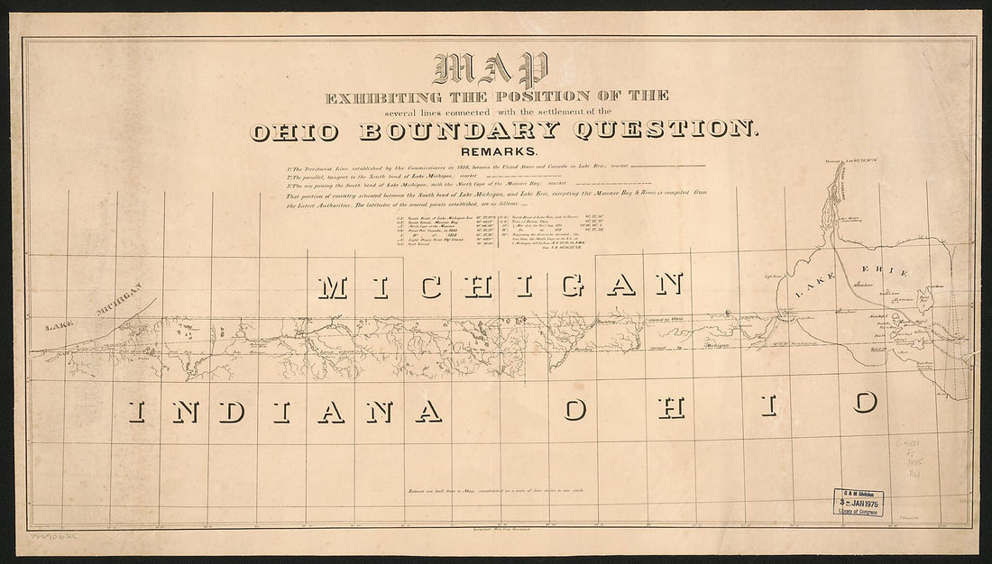 This old map of Map Exhibiting the Position of the Several Lines Connected With the Settlement of the Ohio Boundary Question from 1835 was created by Washington] [Hood, P. Haas, Andrew Talcott in 1835