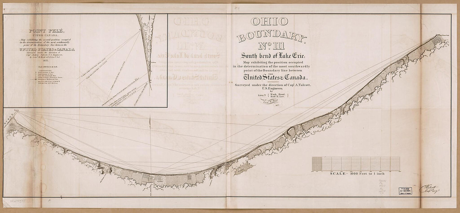 This old map of Ohio Boundary, No. 111. South Bend of Lake Erie: Map Exhibiting the Position Occupied In the Determination of the Most Southwardly Point of the Boundary Line Between the United States &amp; Canada from 1835 was created by Washington Hood, Rob