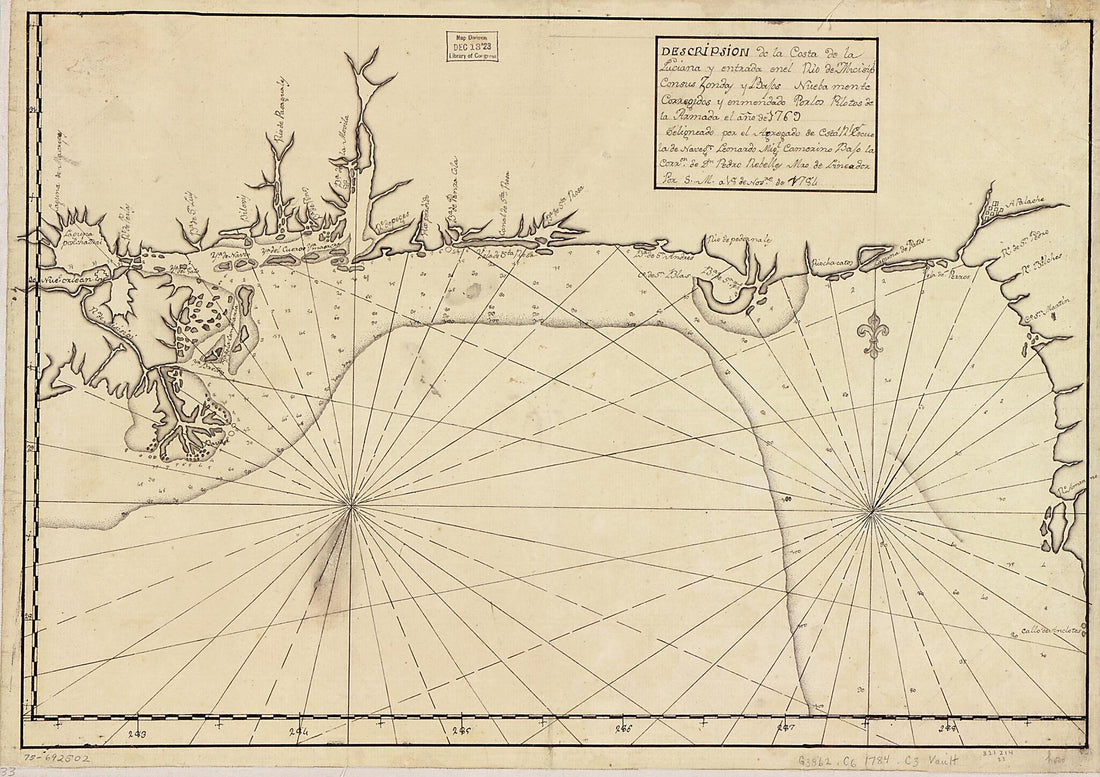 This old map of Descripsión De La Costa De La Luciana Y Entrada En El Río De Micisipi Con Sus Zondas Y Bajos, Nuebamente Corregidos Y Enmendado Por Los Pilotos De La Armada, El Año De 1769 from 1784 was created by Leonardo Miguel Camerino in 1784