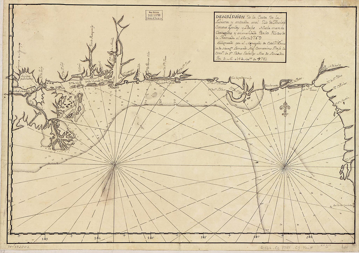 This old map of Descripsión De La Costa De La Luciana Y Entrada En El Río De Micisipi Con Sus Zondas Y Bajos, Nuebamente Corregidos Y Enmendado Por Los Pilotos De La Armada, El Año De 1769 from 1784 was created by Leonardo Miguel Camerino in 1784