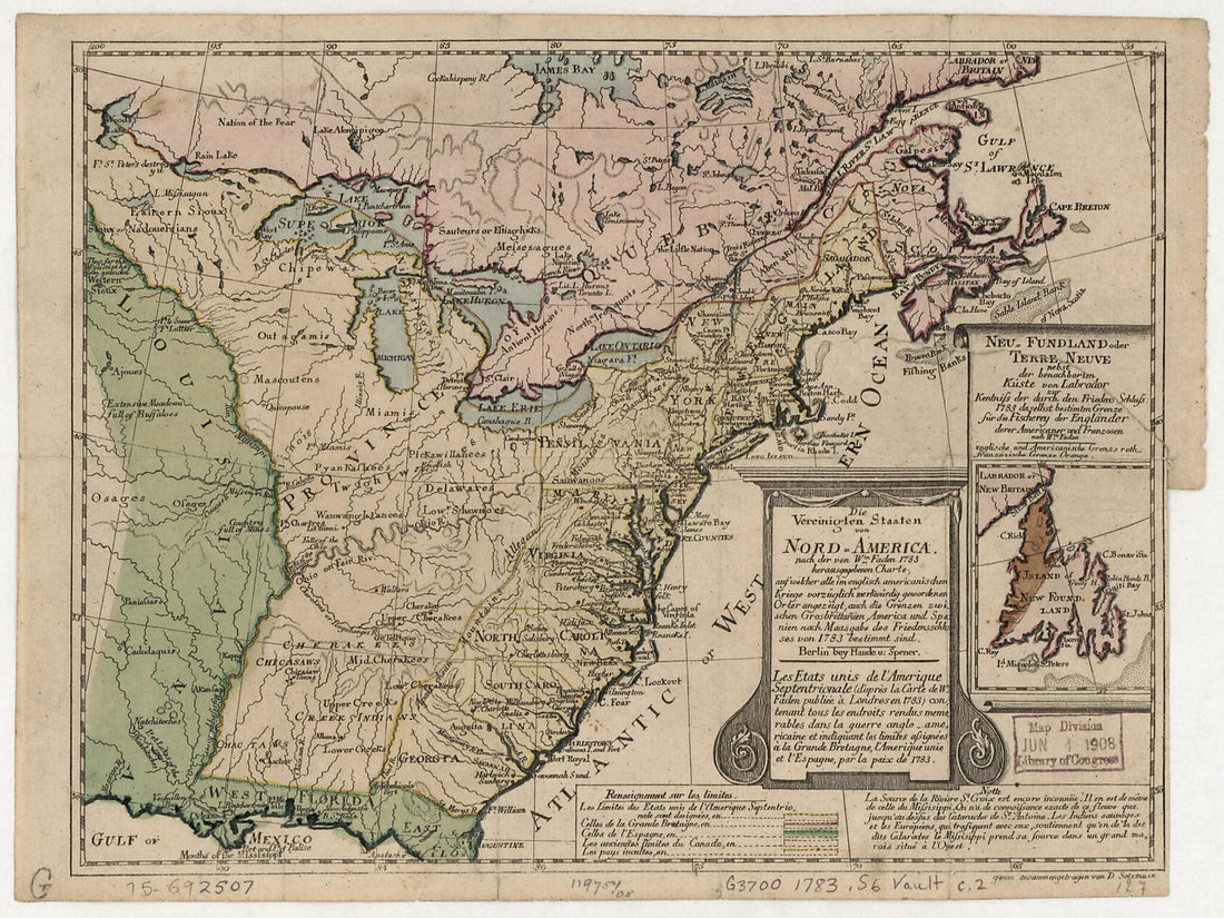 America, Nach Der Von Wm. Faden 1783 Herausgegebenen Charte, Auf Welcher Alle Im Englisch Americanischen Kriege Vorzüglich Merkwürdig Gewordenen Örter Angezeigt, Auch Die Grenzen Zwischen Grosbrittanien, America Und Spanien Nach Maasgabe Des Friede... by Relic Map Company