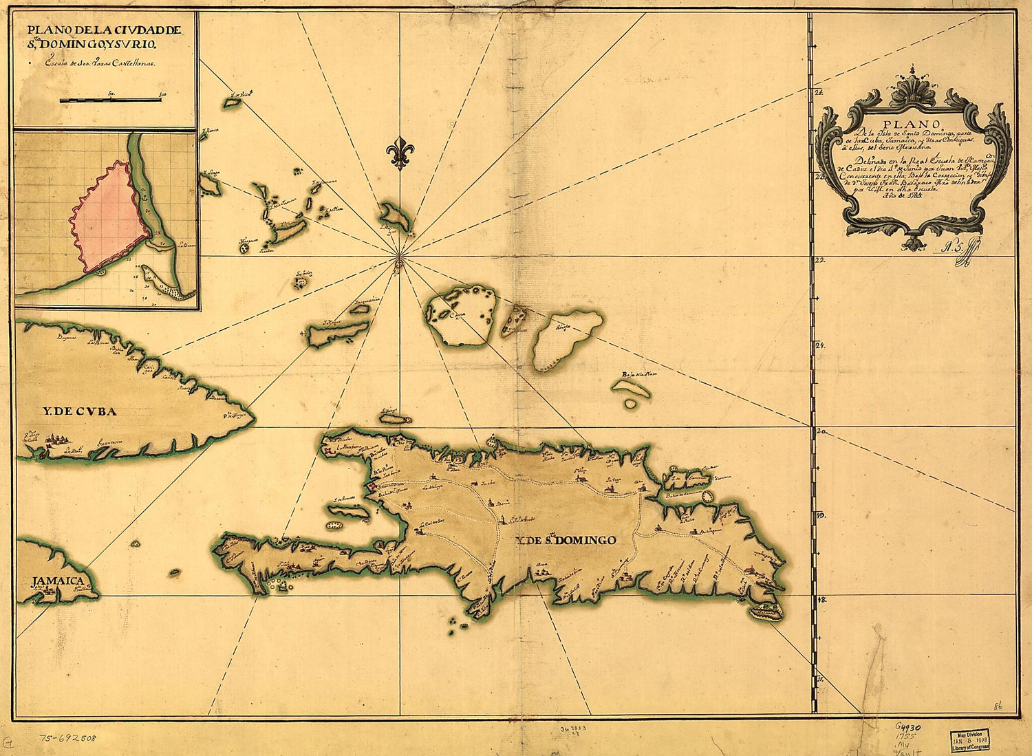 This old map of Plano De La Ysla De Santo Domingo, Parte De Las Cuba, Jamaica Y Otras Contiguas a Ellas, Del Seno Mexicano from 1755 was created by Joseph Francisco Badaraco, Juan Viz Mejía, Spain) Real Escuela De Navegación (Cádiz in 1755