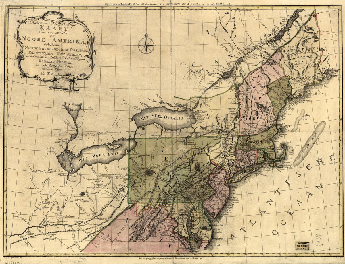 Nieuwe En Nauwkeurige Kaart Van Een Gedeelte Van Noord Amerika, Behelzende Nieuw Engeland, New York, Pensylvania, New Jersey, Connecticut, Rhode Island, Een Stuk Van Virginia, Kanada En Halifax, Ter Opheldering Der Reizen Van Den Heer P. Kalm 1772 by Relic Map Company