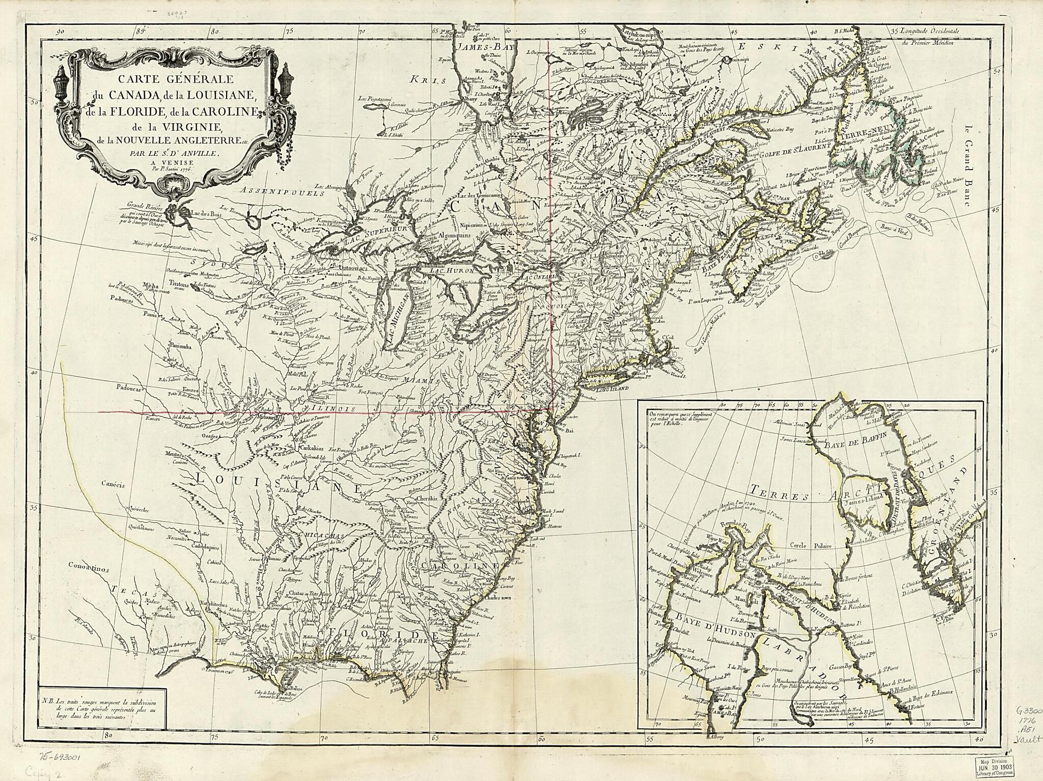 Carte Générale Du Canada, De La Louisiane, De La Floride, De La Caroline, De La Virginie, De La Nouvelle Angleterre, Etc 1776 by Relic Map Company