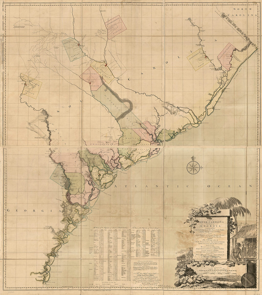 This old map of Coast; All the Islands, Inlets, Rivers, Creeks, Parishes, Townships, Boroughs, Roads, and Bridges; As Also, Several Plantations, With Their Proper Boundary-lines, Their Names, and the Names of Their Proprietors from 1757 was created by Wi