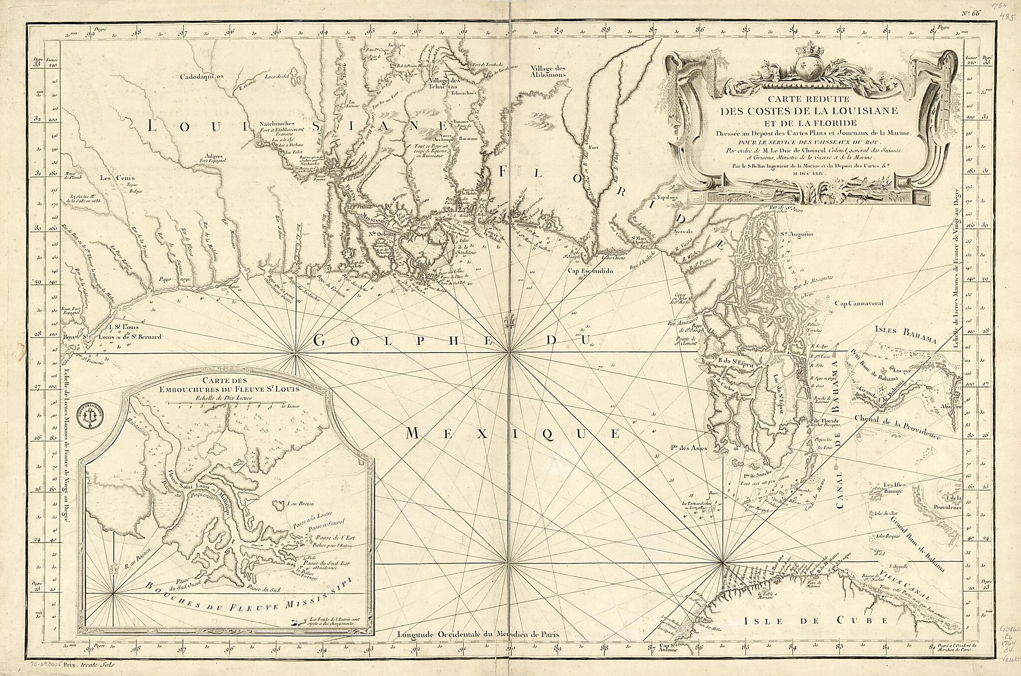 This old map of Carte Réduite Des Costes De La Louisiane Et De La Floride from 1764 was created by Jacques Nicolas Bellin,  France. Dépôt Des Cartes Et Plans De La Marine in 1764