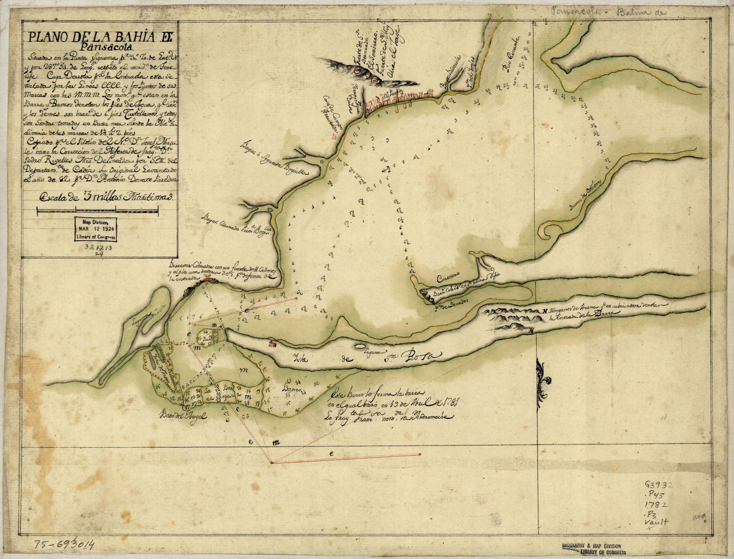 This old map of Plano De La Bahia De Pansacola from 1782 was created by Josef Magule, Antonio Donato Paredes, Pedro Rivelles in 1782