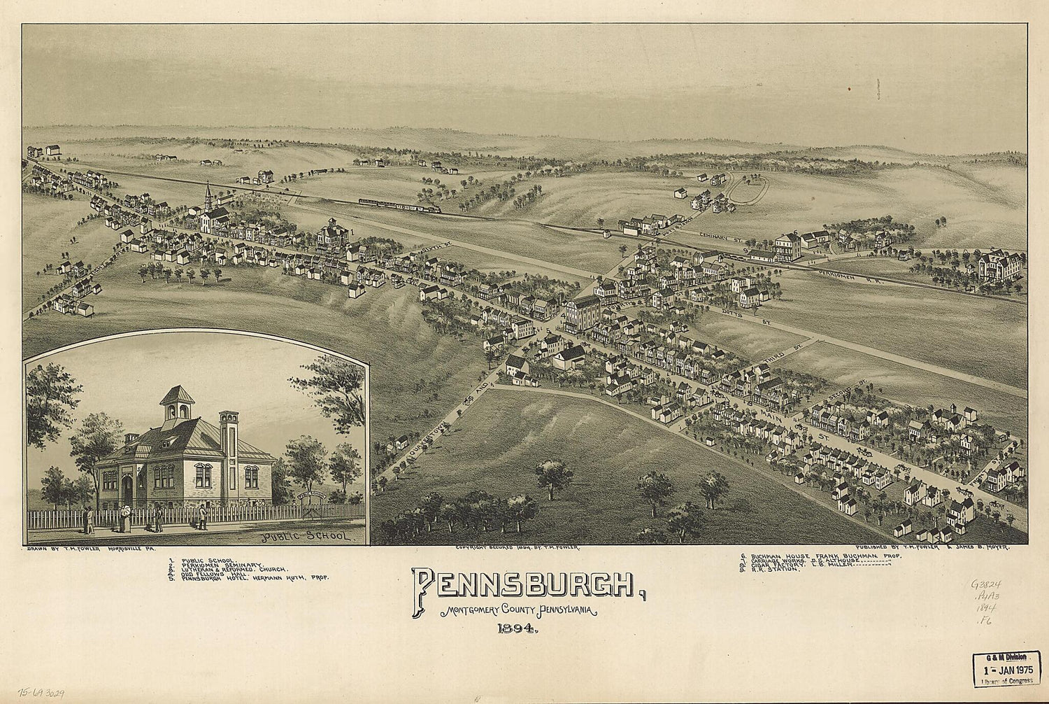 This old map of Pennsburgh, Montgomery County, Pennsylvania from 1894 was created by T. M. (Thaddeus Mortimer) Fowler, James B. Moyer in 1894