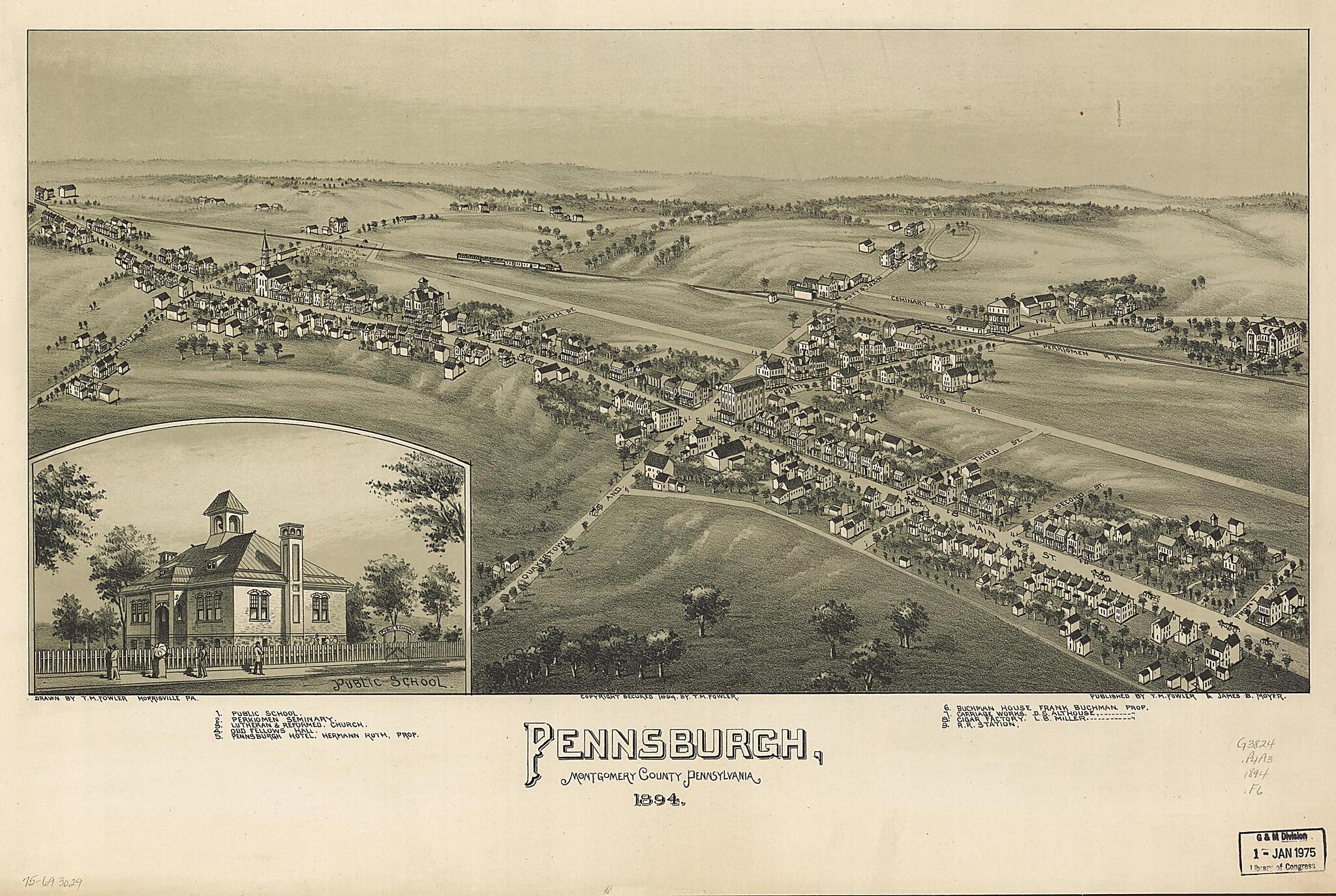 This old map of Pennsburgh, Montgomery County, Pennsylvania from 1894 was created by T. M. (Thaddeus Mortimer) Fowler, James B. Moyer in 1894