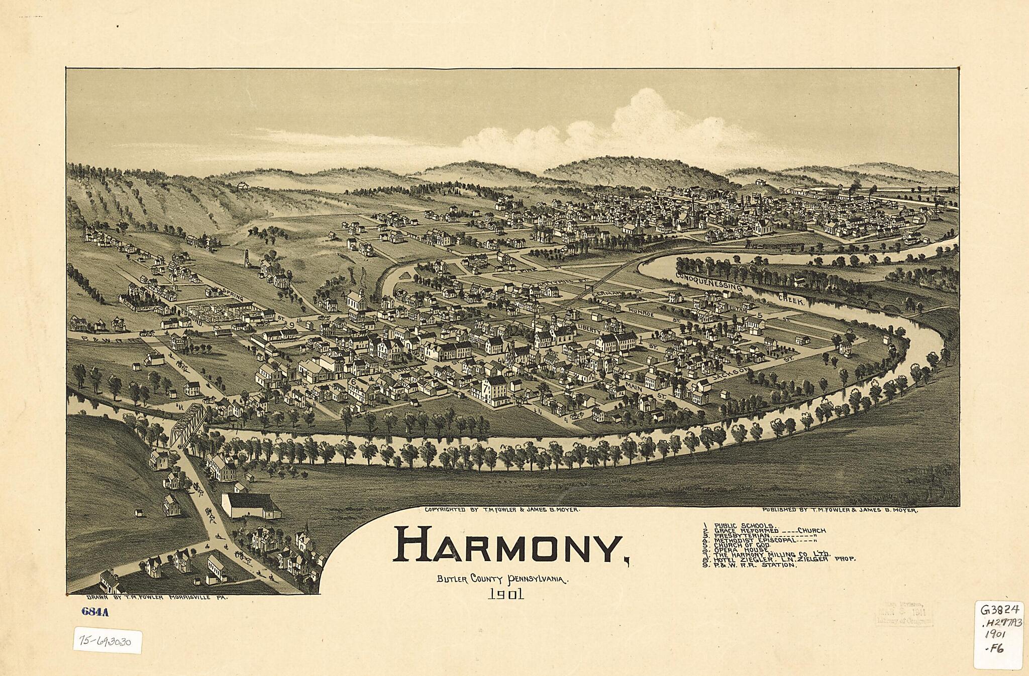 This old map of Harmony, Butler County, Pennsylvania from 1901 was created by T. M. (Thaddeus Mortimer) Fowler, James B. Moyer in 1901