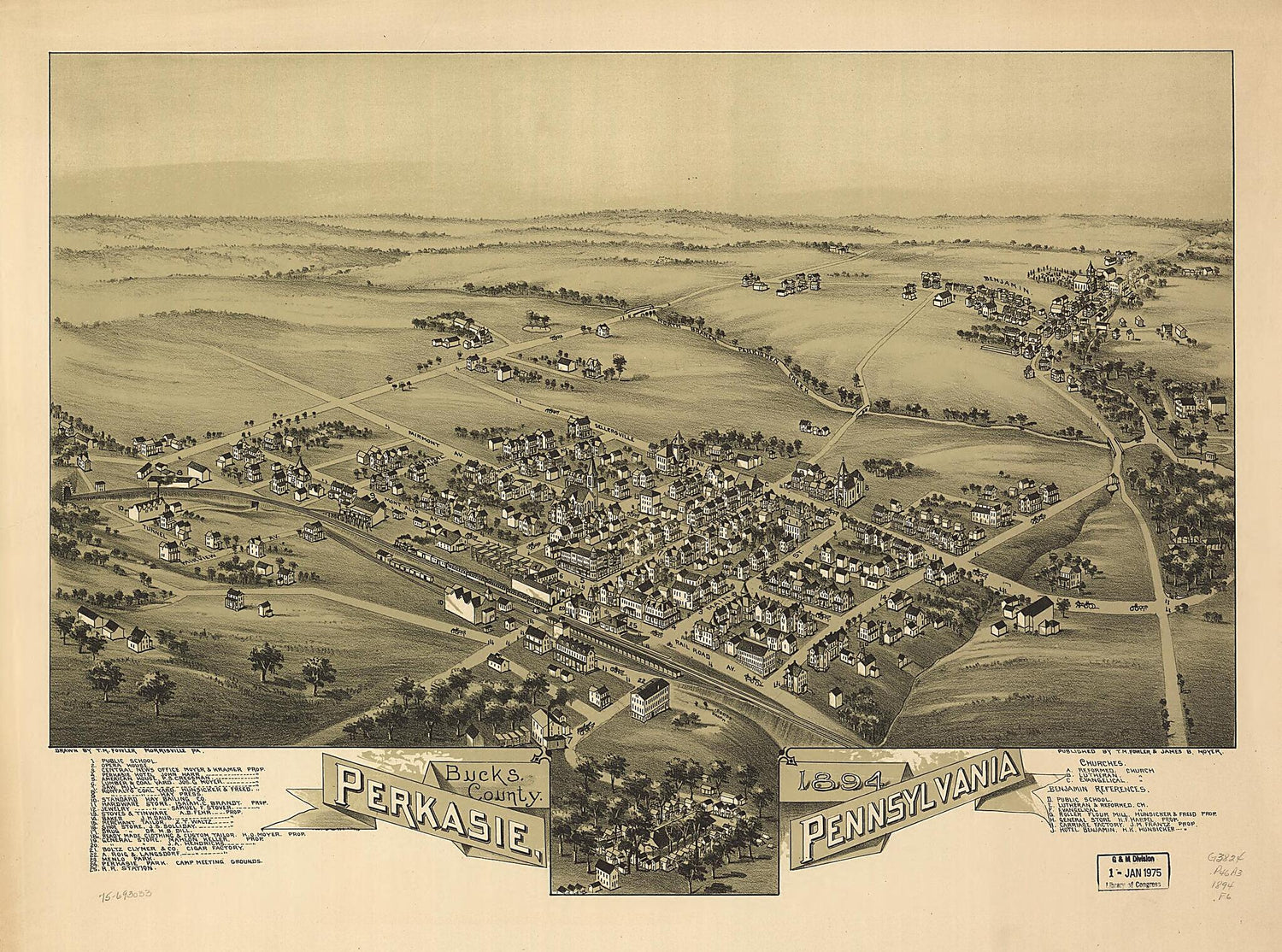 This old map of Perkasie, Pennsylvania, Bucks County, from 1894 was created by T. M. (Thaddeus Mortimer) Fowler, James B. Moyer in 1894