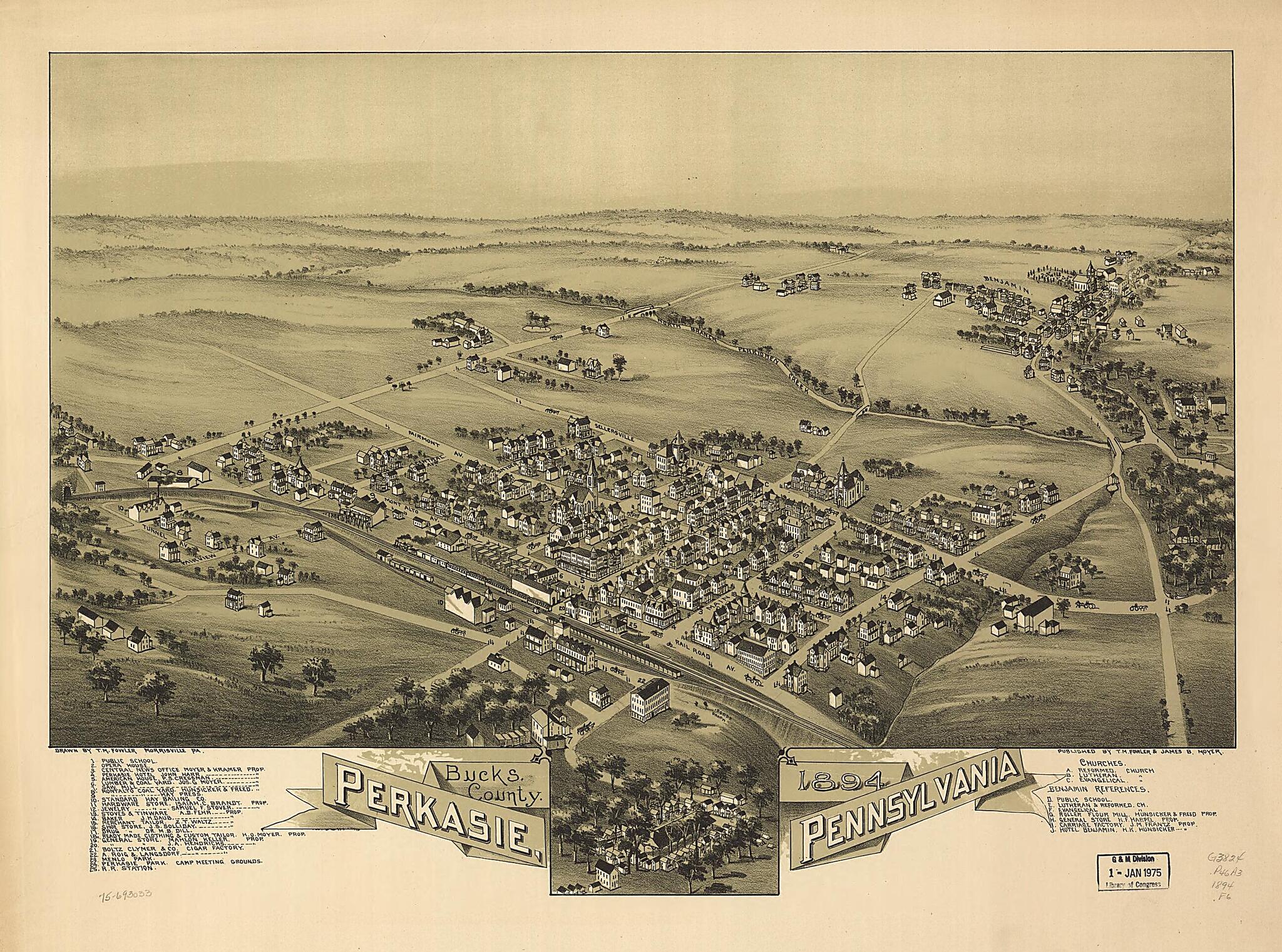 This old map of Perkasie, Pennsylvania, Bucks County, from 1894 was created by T. M. (Thaddeus Mortimer) Fowler, James B. Moyer in 1894