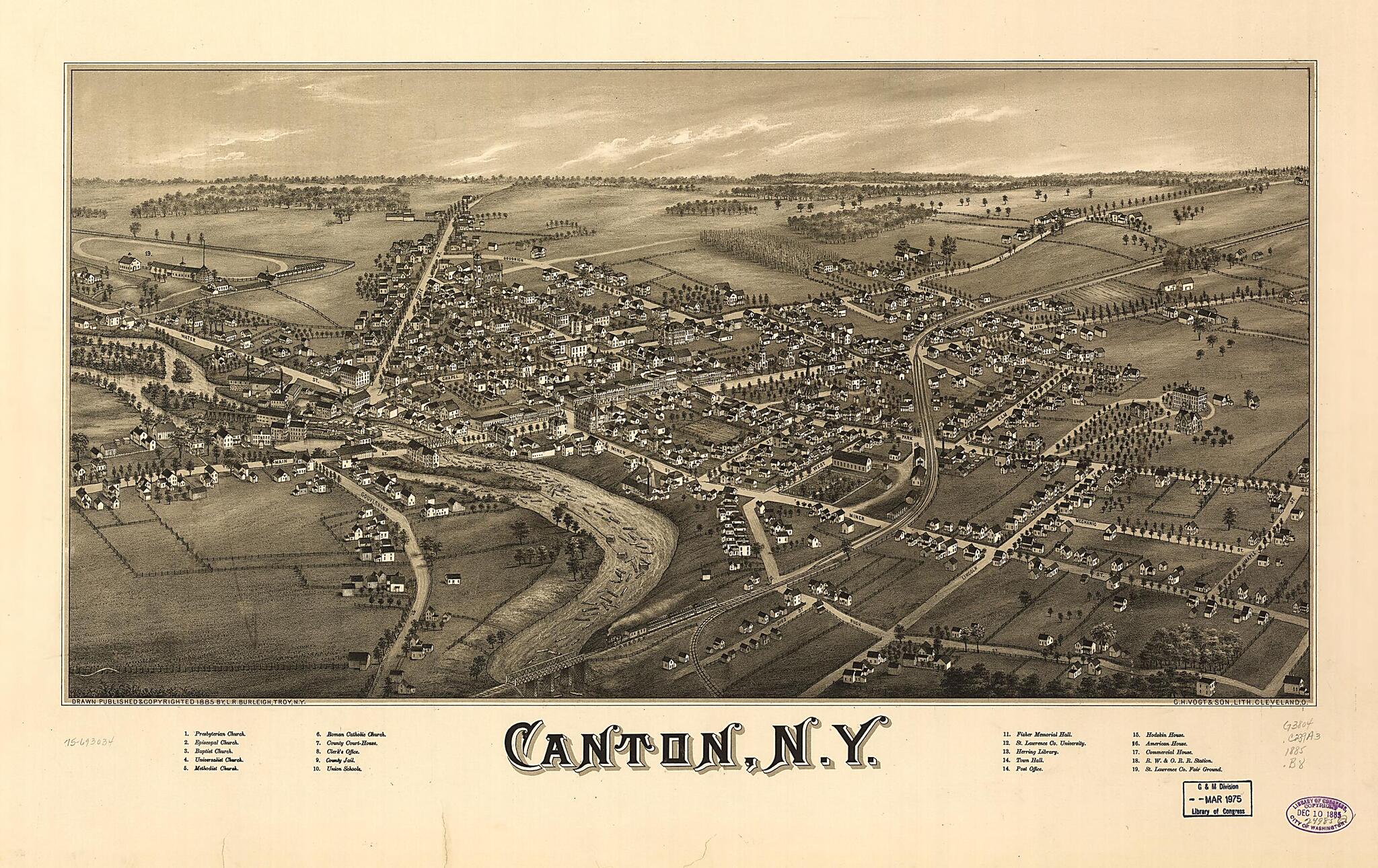 This old map of Canton, New York from 1885 was created by L. R. Burleigh,  C.H. Vogt &amp; Son in 1885