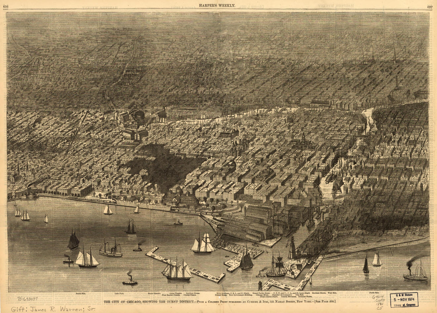 This old map of The City of Chicago, Showing the Burnt District from 1874 was created by  Currier &amp; Ives in 1874