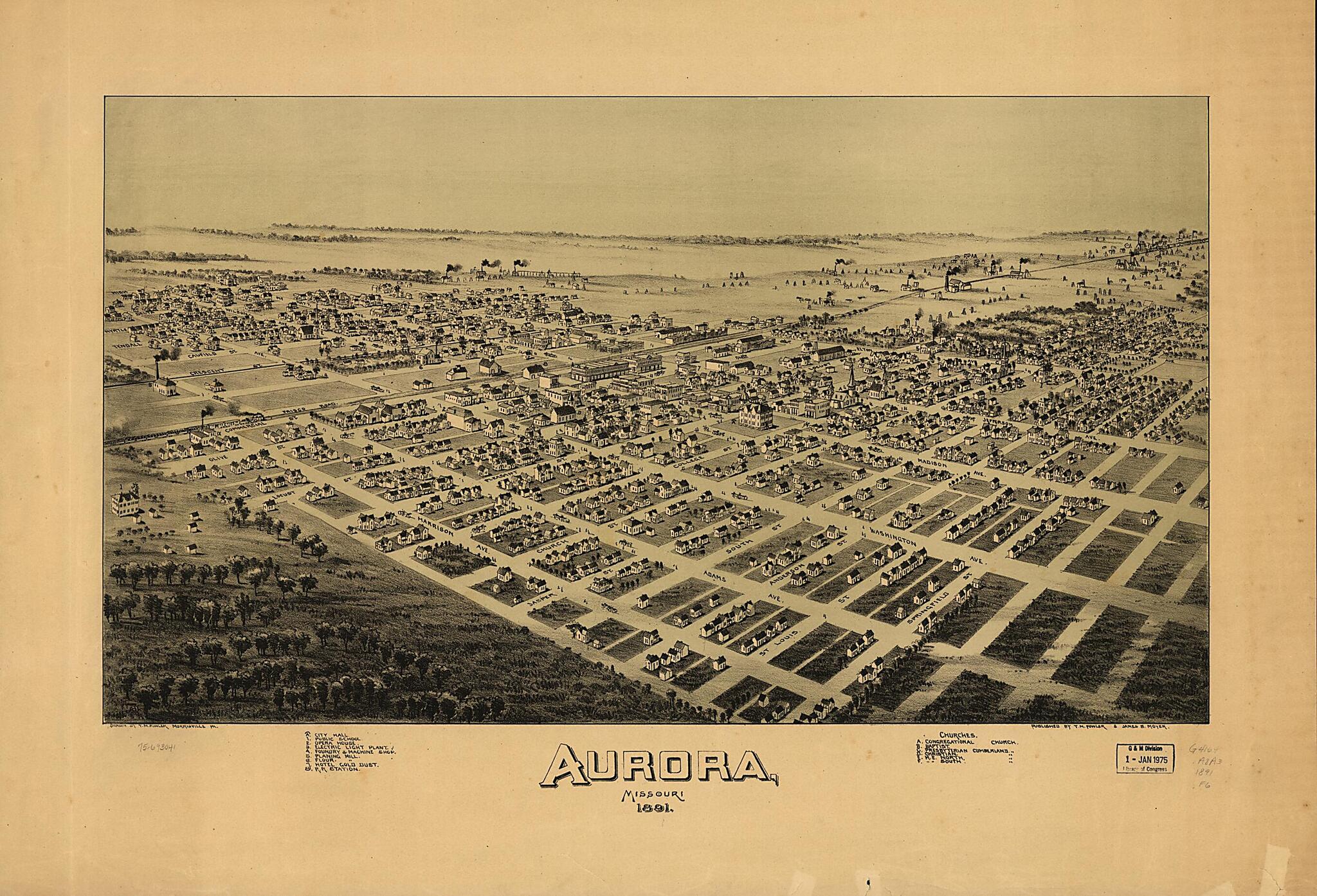 This old map of Aurora, Missouri from 1891 was created by T. M. (Thaddeus Mortimer) Fowler, James B. Moyer in 1891