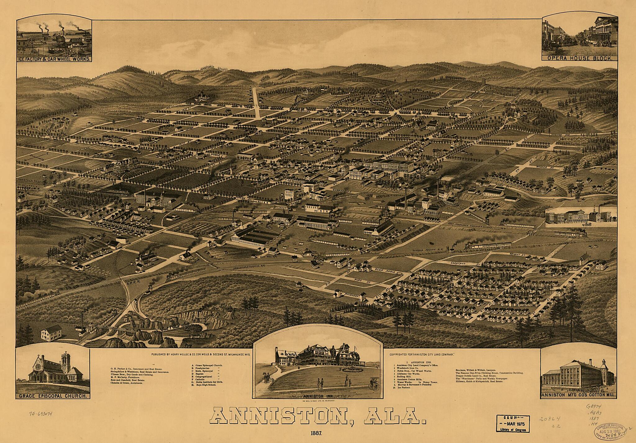 This old map of Anniston,Alabama from 1887 was created by  Beck &amp; Pauli,  Henry Wellge &amp; Co in 1887