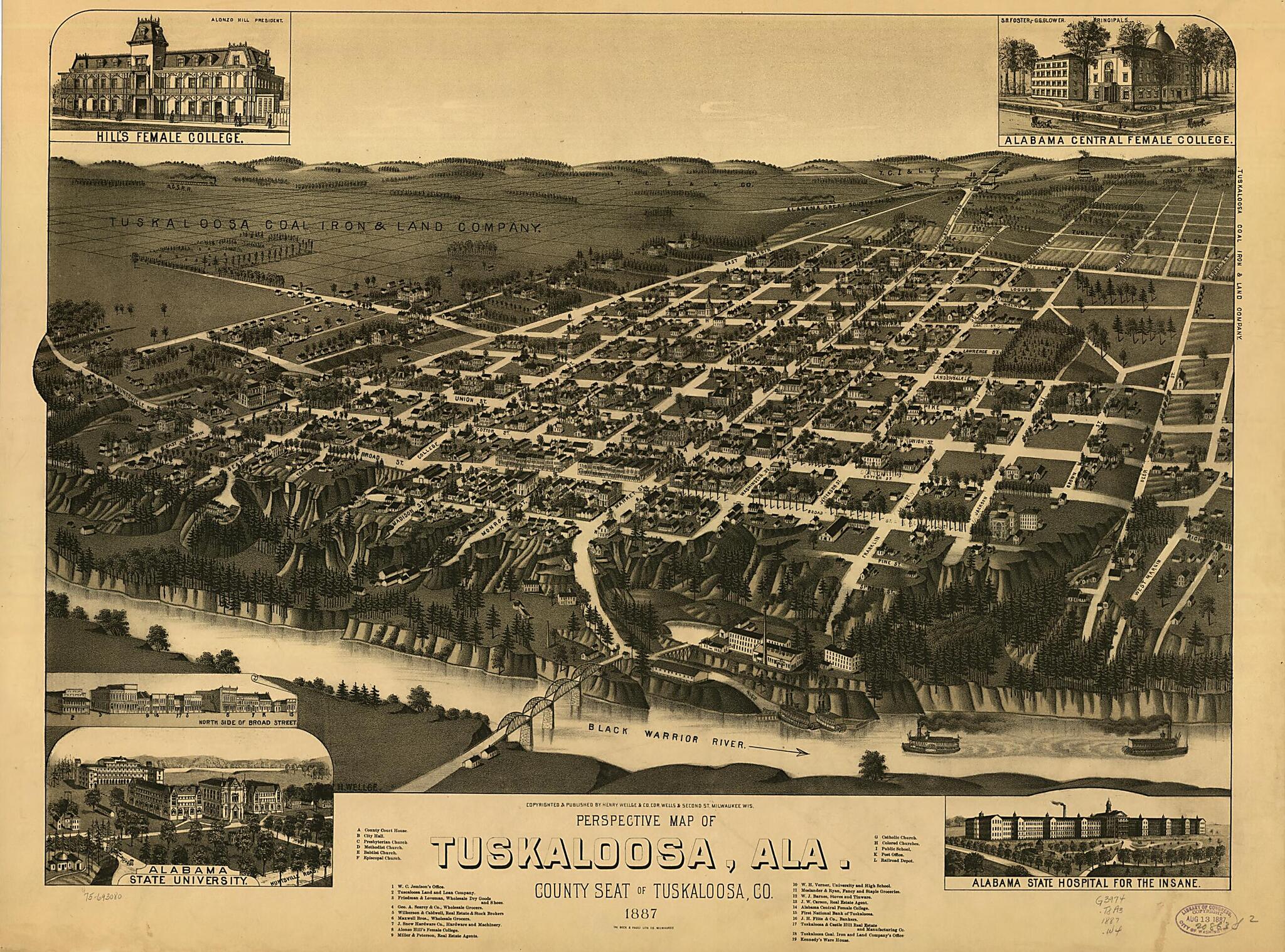 This old map of Perspective Map of Tuskaloosa,Alabama County Seat of Tuskaloosa, County from 1887 was created by  Beck &amp; Pauli,  Henry Wellge &amp; Co, H. (Henry) Wellge in 1887