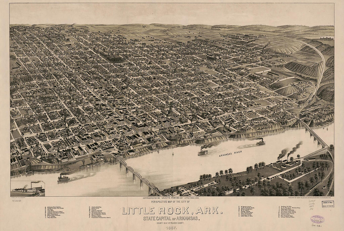Perspective Map of the City of Little Rock,Arkansas, State Capital of Arkansas, County Seat of Pulaski County. 1887 by Relic Map Company
