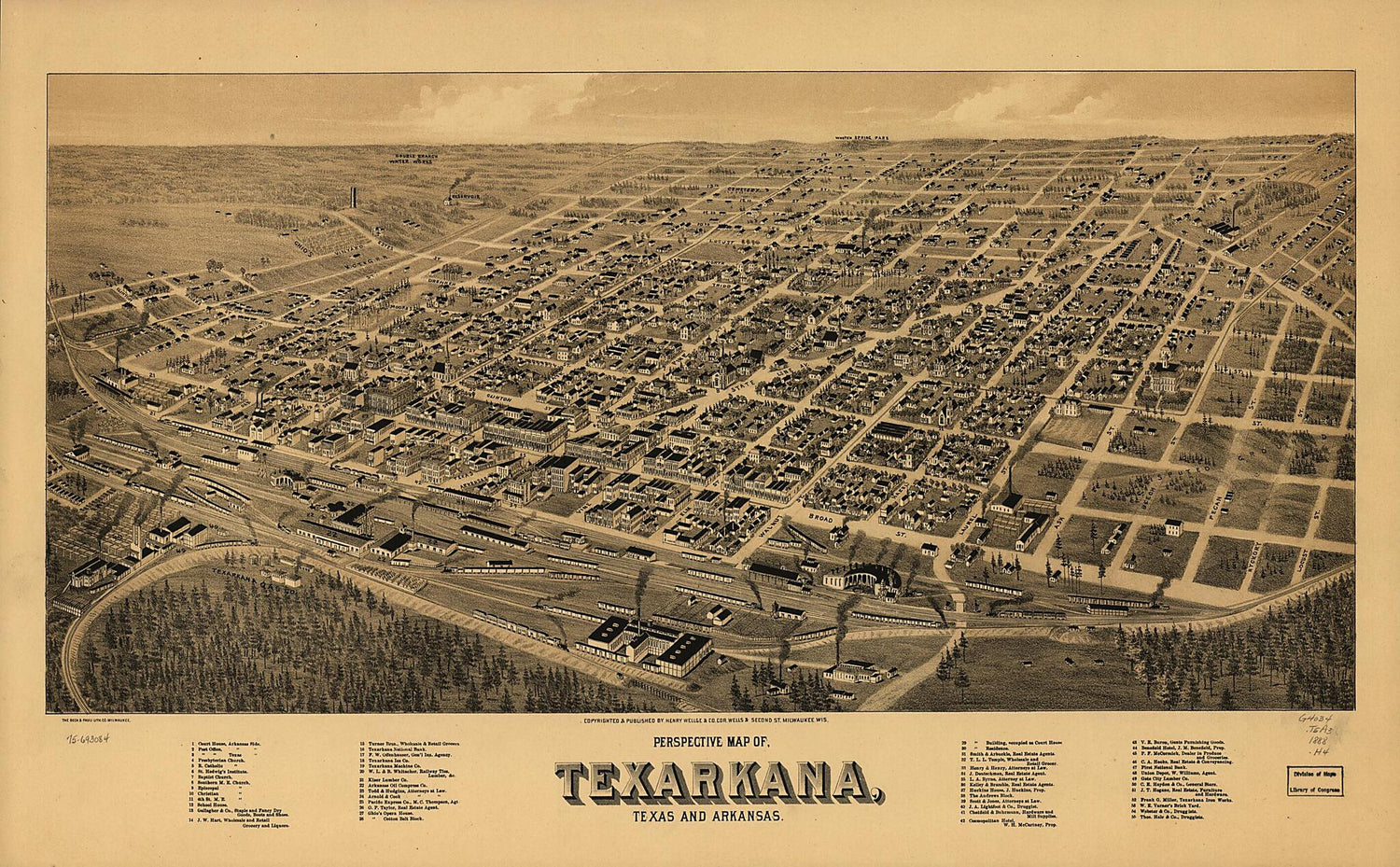 This old map of Perspective Map Of, Texarkana, Texas and Arkansas from 1888 was created by  Beck &amp; Pauli,  Henry Wellge &amp; Co in 1888