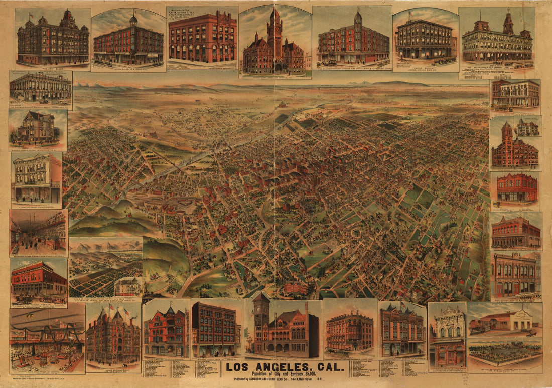 This old map of Los Angeles,California, Population of City and Environs 65,000 was created by  Elliott Pub. Co, H. B. Elliott,  Southern California Land Co in 1891