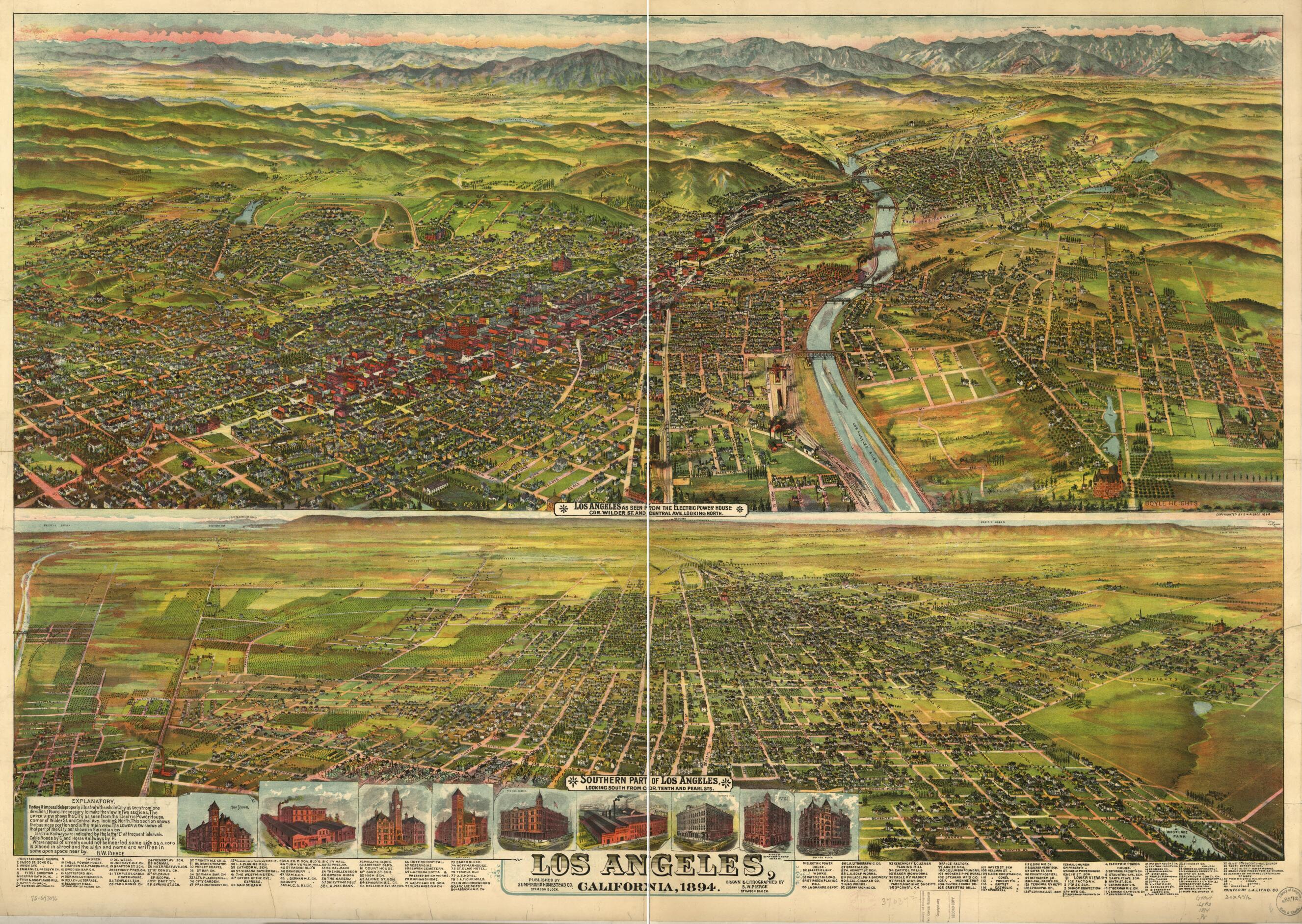 This old map of Los Angeles, California, from 1894 was created by B. W. (Bruce Wellington) Pierce,  Tropic Homestead Co in 1894