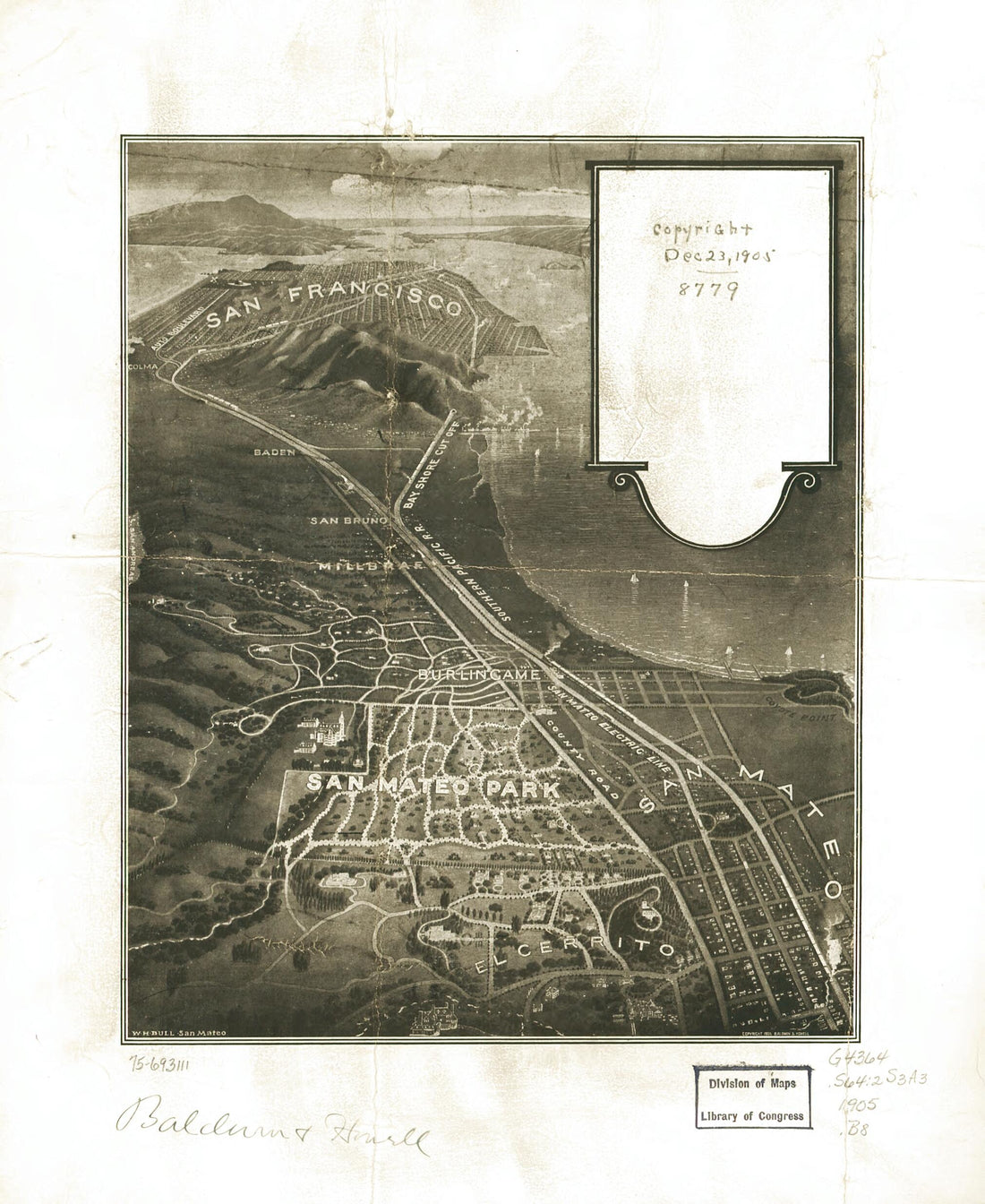 This old map of San Mateo Park from 1905 was created by  Baldwin &amp; Howell, William H. Bull in 1905