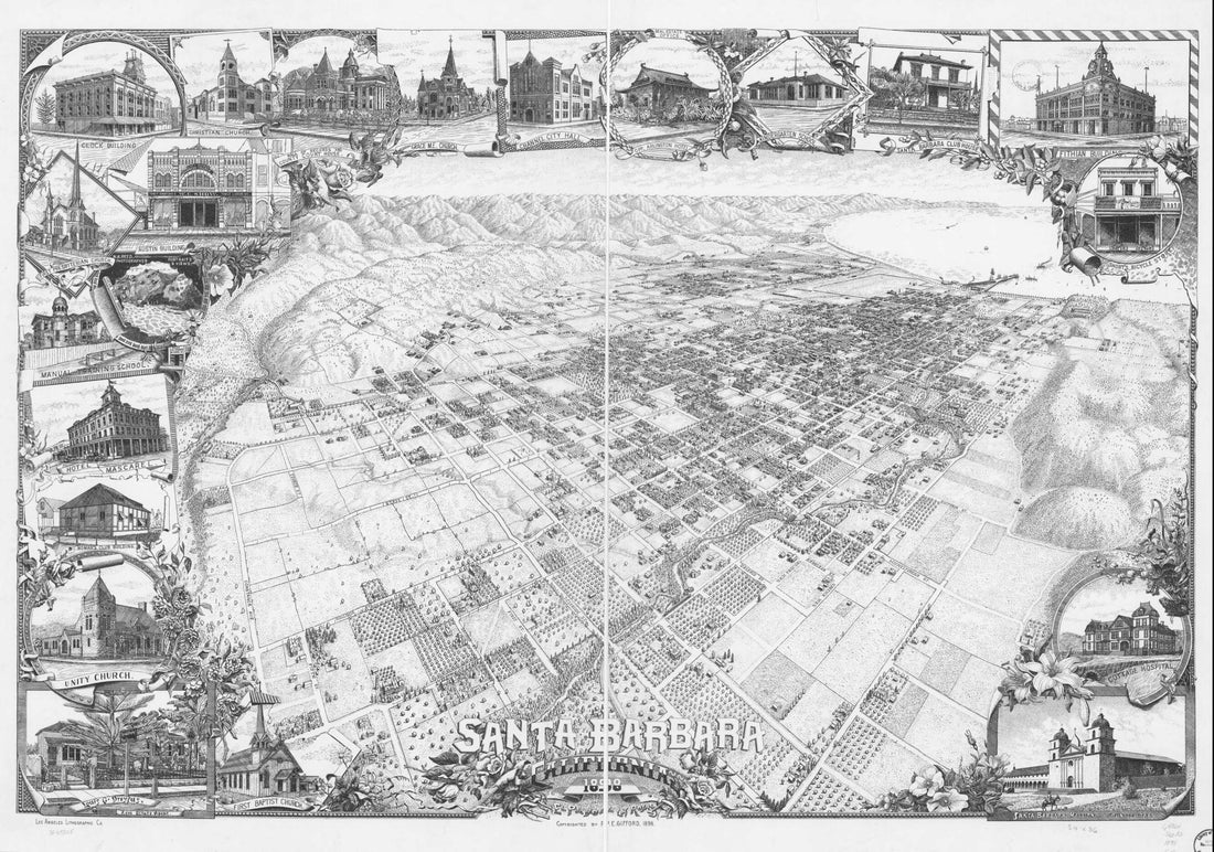 This old map of Santa Barbara, California from 1898 was created by P. E. Gifford,  Los Angeles Lithographic Co in 1898