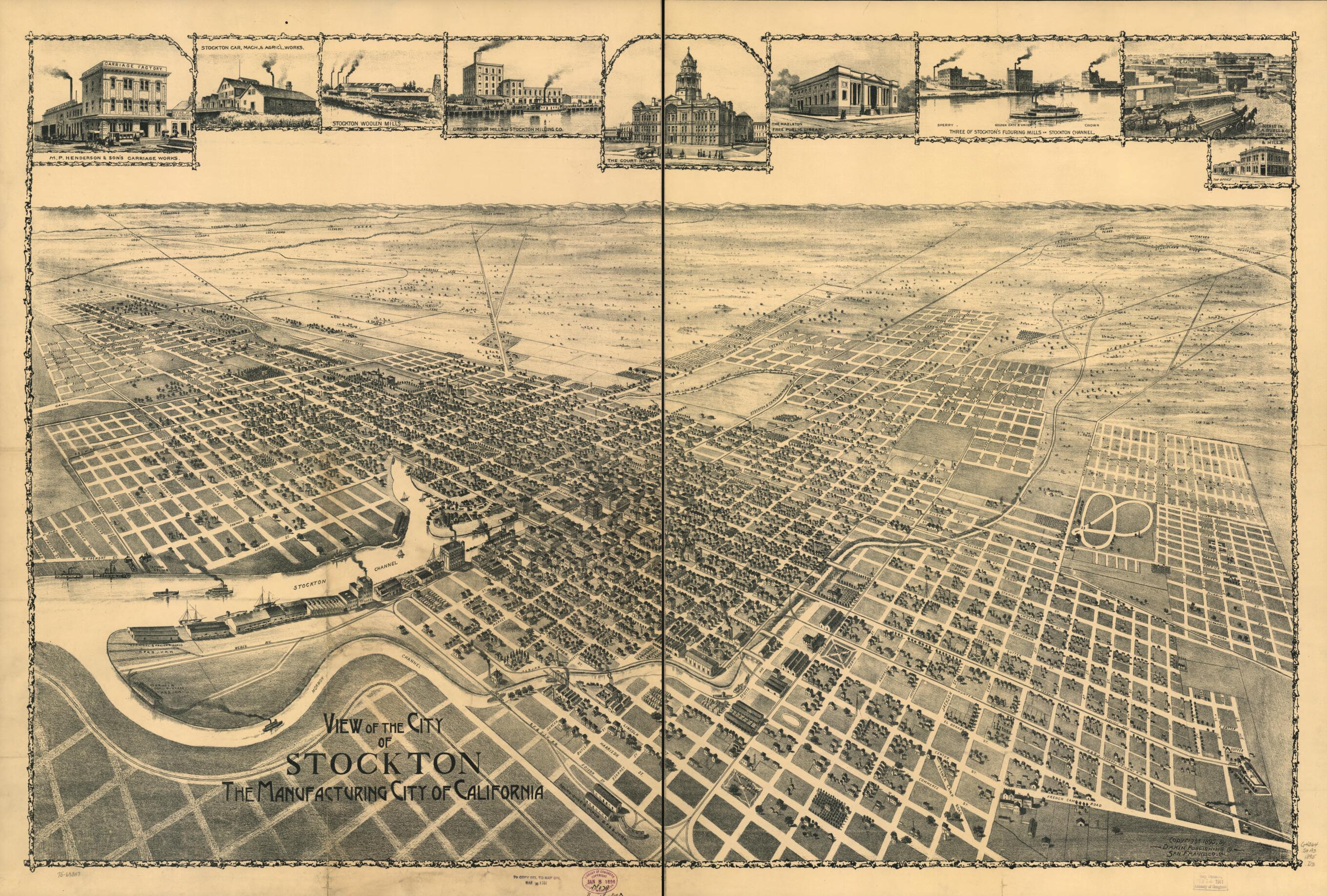 This old map of View of City of Stockton, the Manufacturing City of California from 1895 was created by  Dakin Publishing Co in 1895