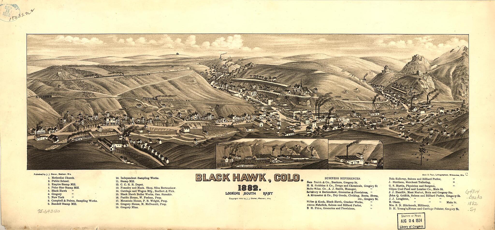 This old map of Black Hawk,Colorado from 1882 was created by  Beck &amp; Pauli, J. J. Stoner in 1882
