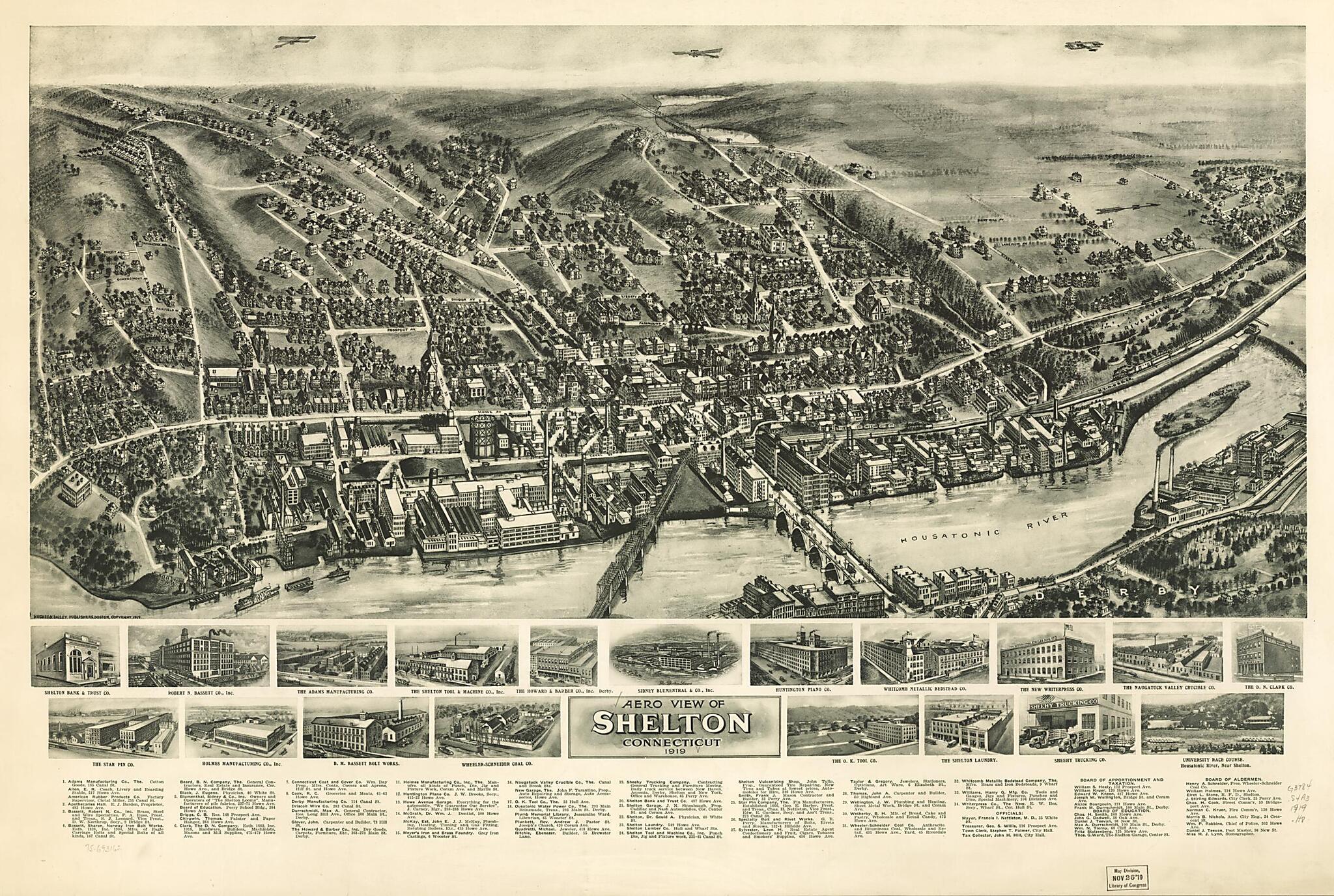 This old map of Aero View of Shelton, Connecticut from 1919 was created by  Hughes &amp; Bailey in 1919