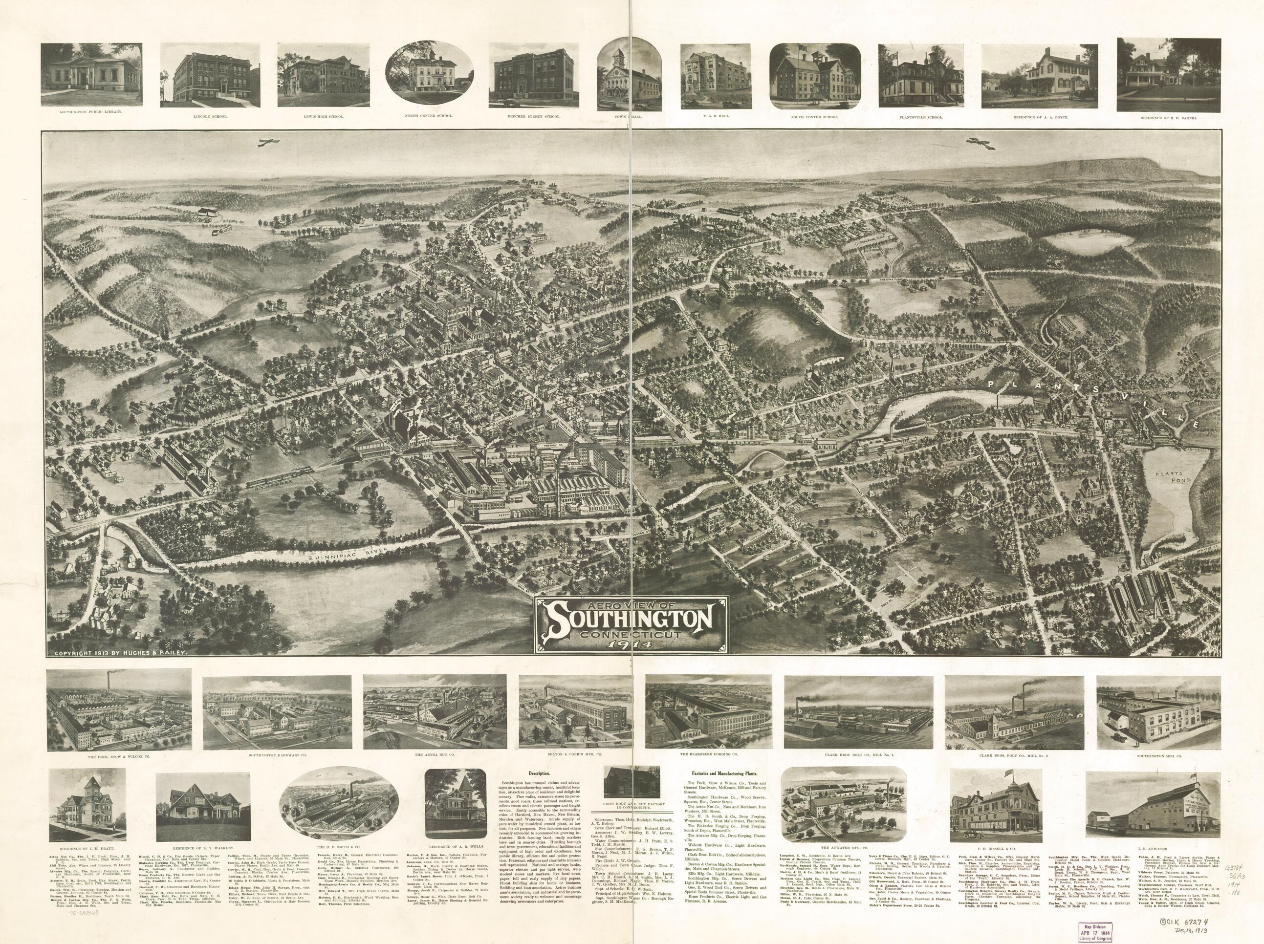 This old map of Aero View of Southington, Connecticut from 1914 was created by  Hughes &amp; Bailey in 1914