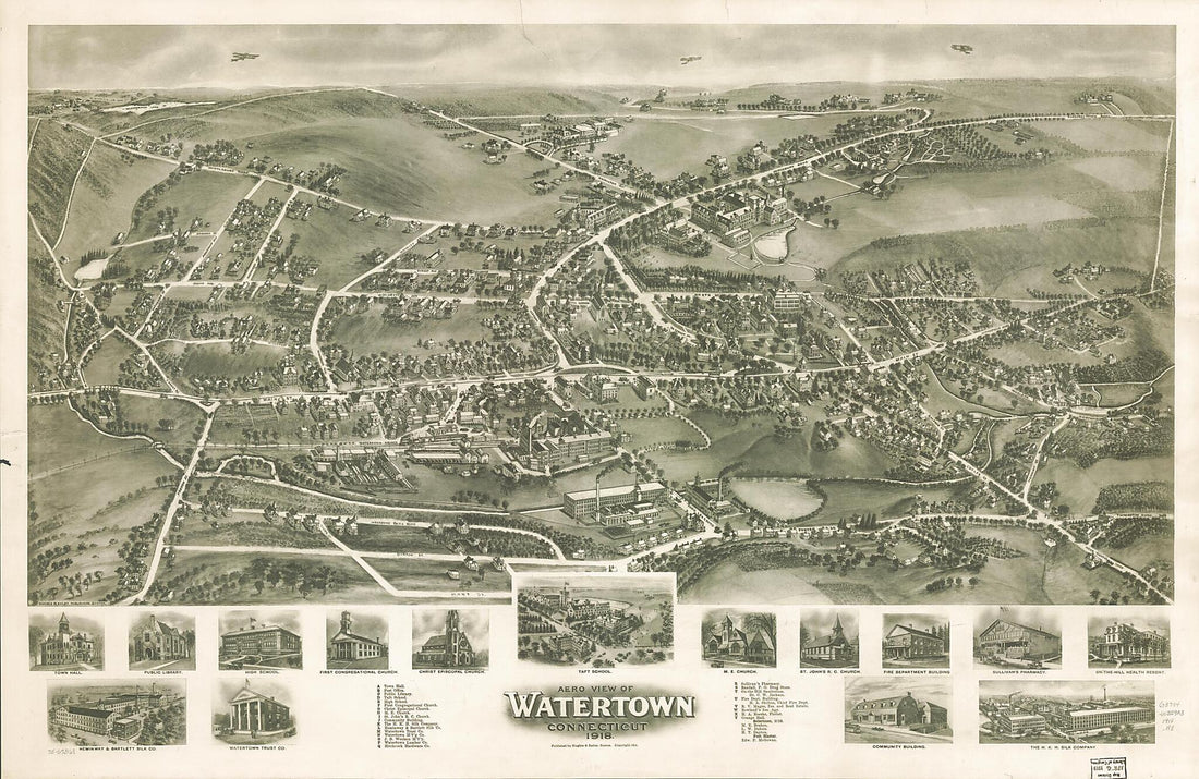 This old map of Aero View of Watertown, Connecticut from 1918 was created by  Hughes &amp; Bailey in 1918