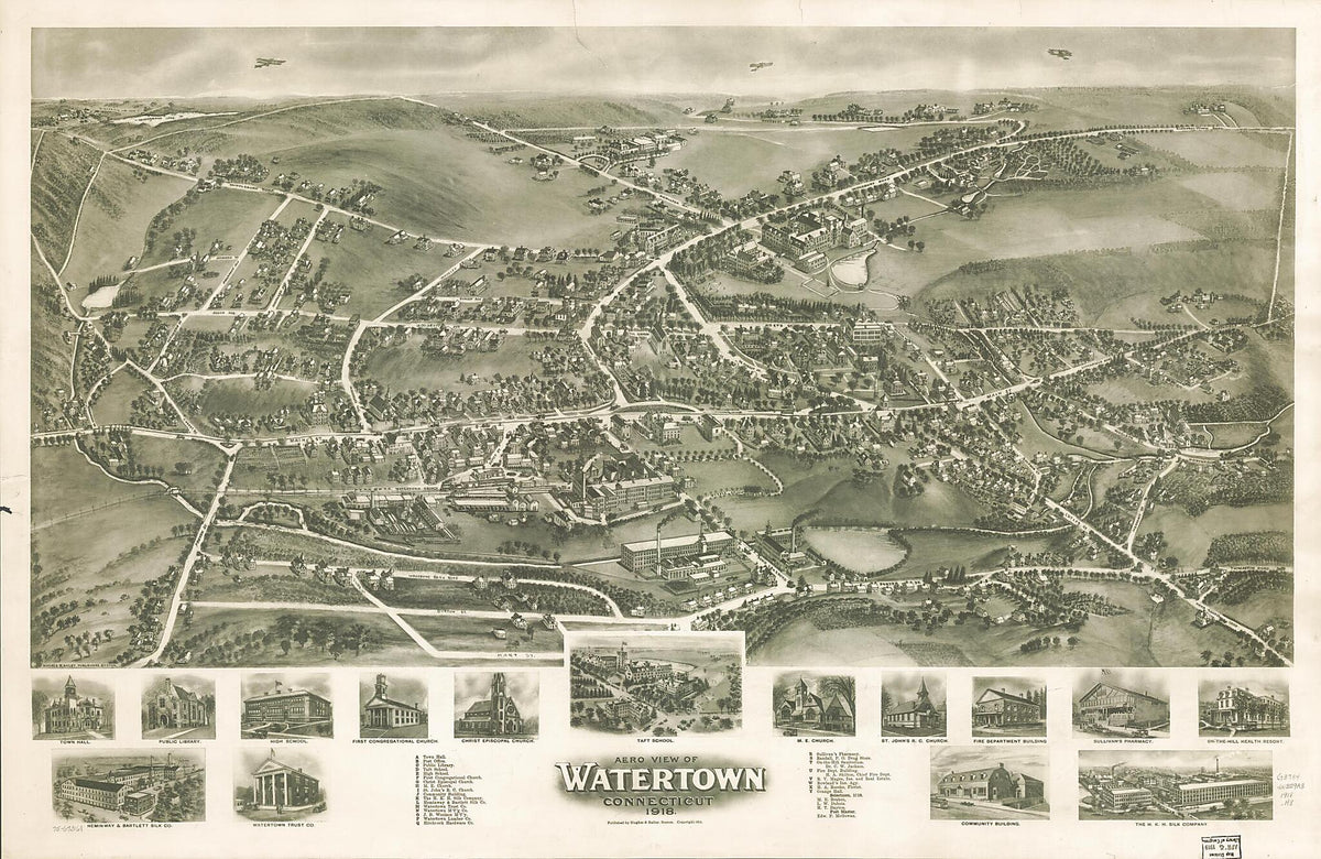 Aero View of Watertown, Connecticut 1918 by Relic Map Company