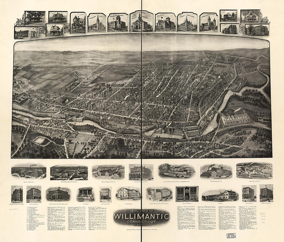 This old map of Aero View of Willimantic, Connecticut from 1909 was created by O. H. (Oakley Hoopes) Bailey,  Hughes &amp; Bailey in 1909