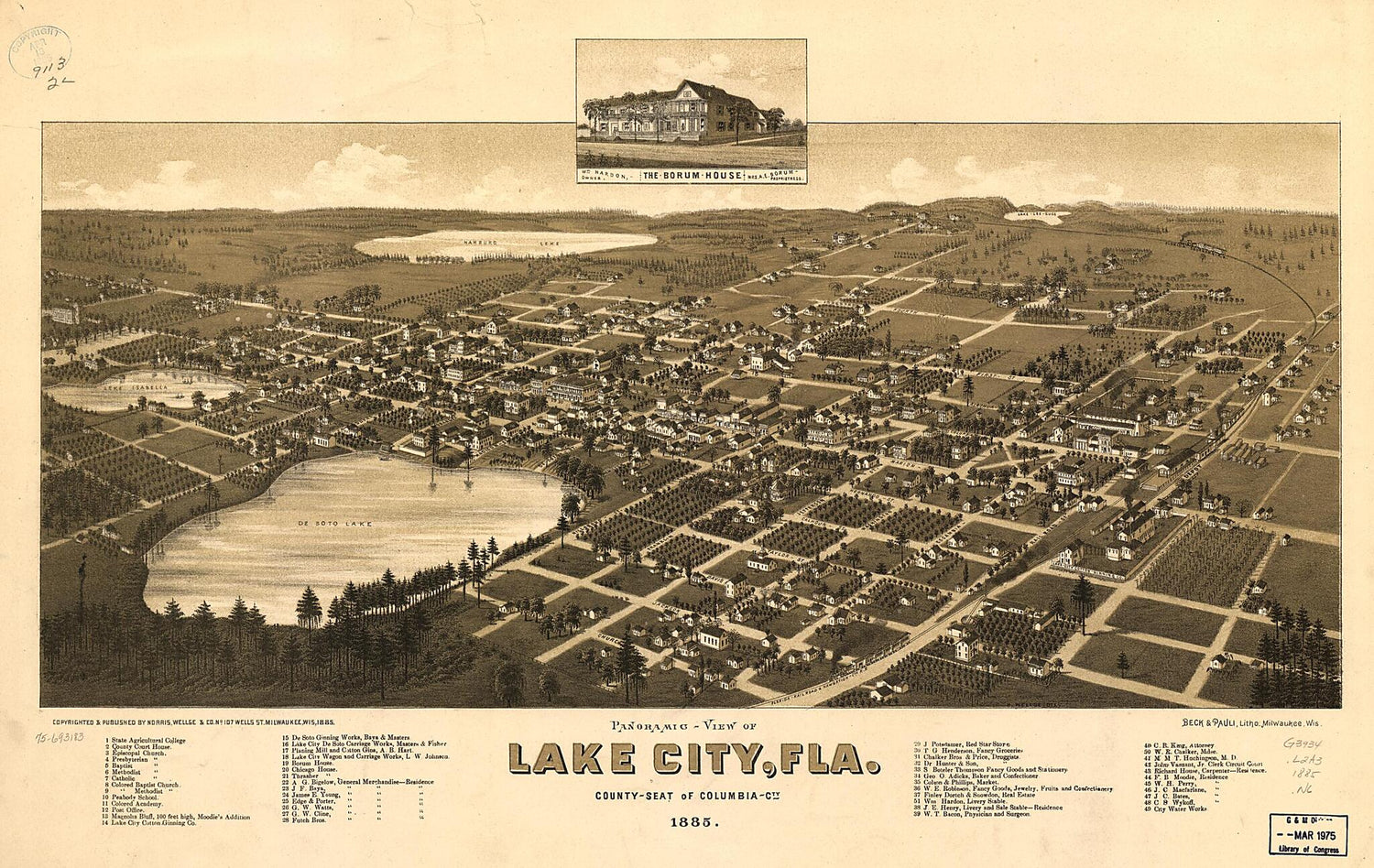 This old map of View of Lake City, Florida County Seat of Columbia Cty. from 1885 was created by  Beck &amp; Pauli, Wellge &amp; Co Norris in 1885